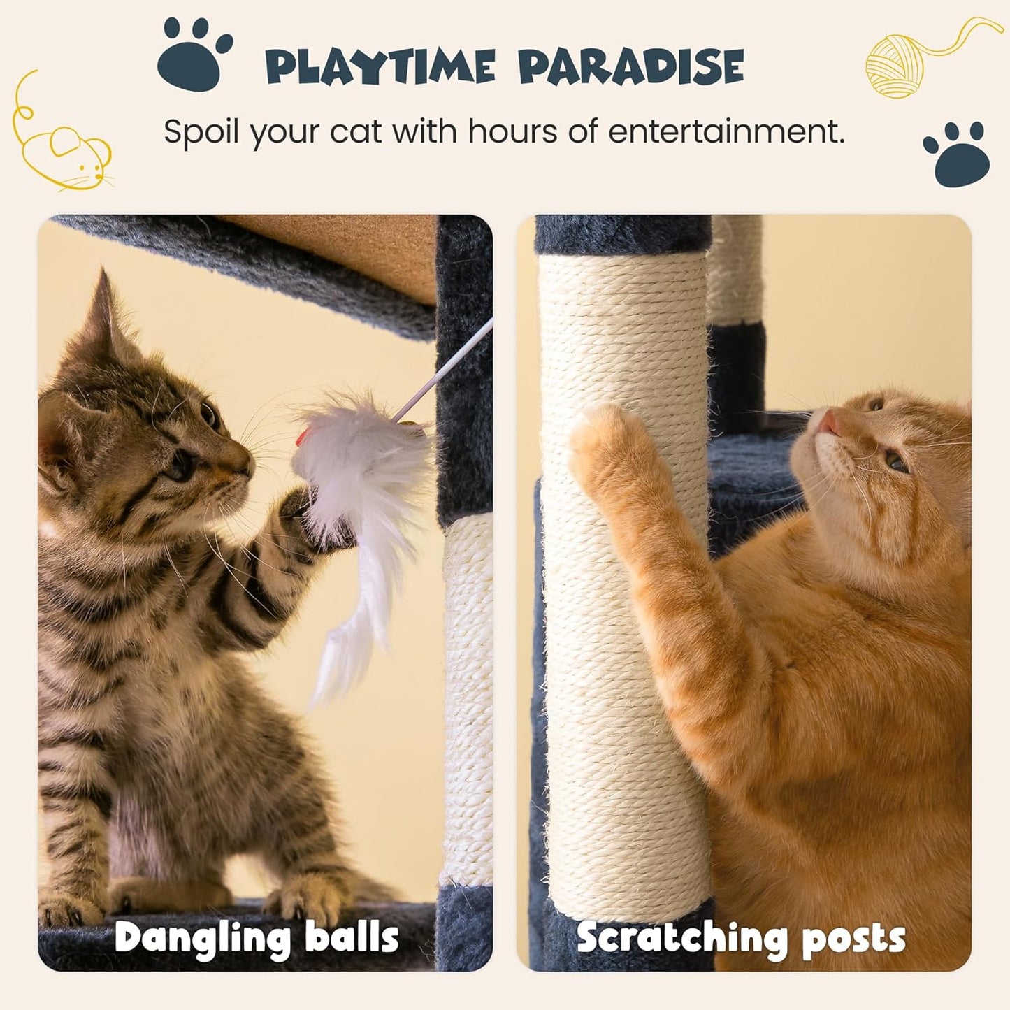 63.8 Inches Multi-Level Cat Tree for Large Cats with Sisal-Covered Scratching Posts, Padded Platform, Hammock and Condo,Stable Cat Tower Cat Condo Pet Play House-Smoky Gray