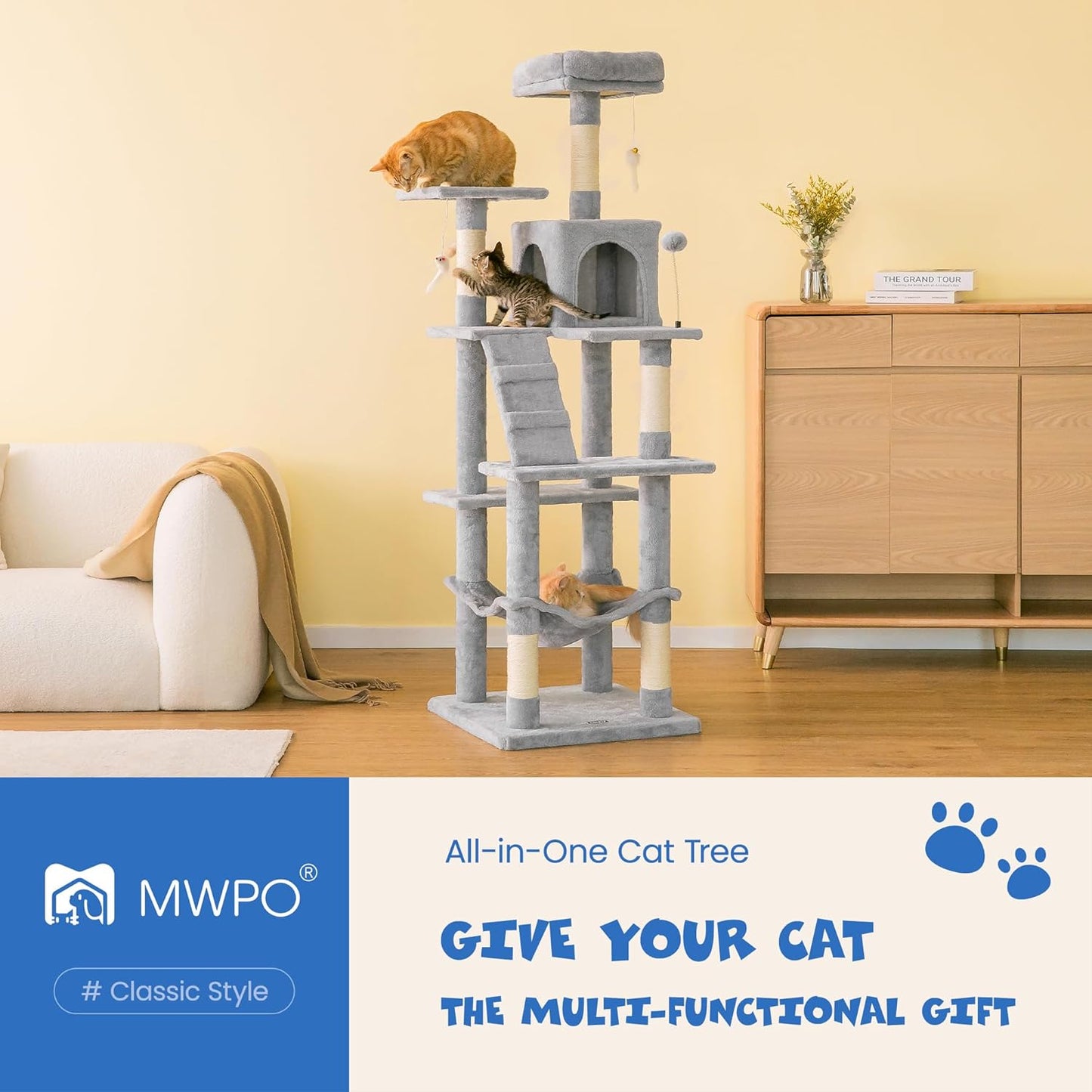 63.8 Inches Multi-Level Cat Tree for Large Cats with Sisal-Covered Scratching Posts, Padded Platform, Hammock and Condo,Stable Cat Tower Cat Condo Pet Play House-Light Gray