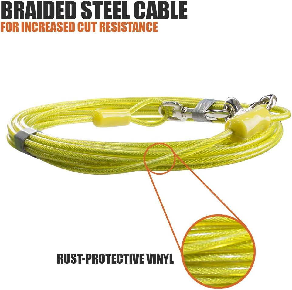 Dog Tie Out Cable 15 Feet - Heavy Duty Dog Lead up to 35 Pounds - Reflective & Rust-Free with Quick Release Swivel Clips & 360° Rotating Clasp - Tangle-Free Dogs Runner for Yard (Yellow, Single)