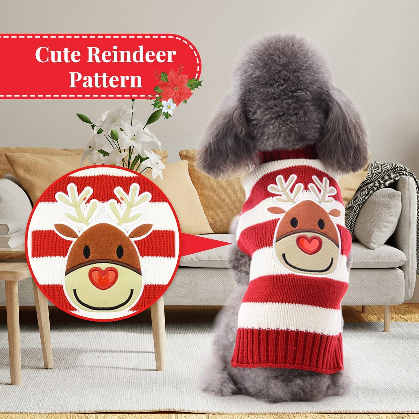 Dog Christmas Sweater Cute Reindeer Stripped Cat Ugly Xmas Outfit Holiday Puppy Costumes Fall Winter Knitted Pet Clothes for Small Medium Large Dogs Cats(S,Red)