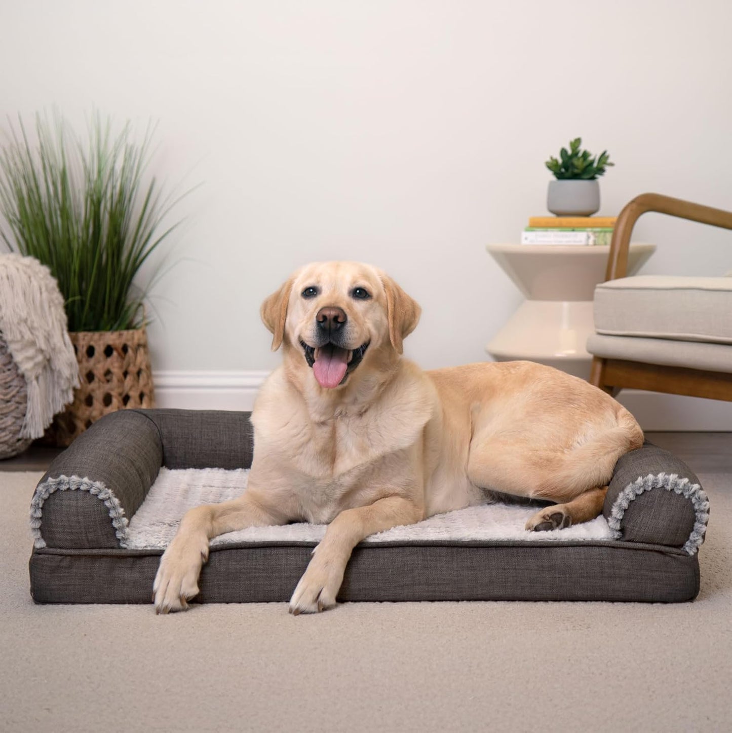 Orthopedic Dog Bed for Large/Medium Dogs W/ Removable Bolsters & Washable Cover, for Dogs up to 55 Lbs - Luxe Faux Fur & Performance Linen Sofa - Charcoal, Large