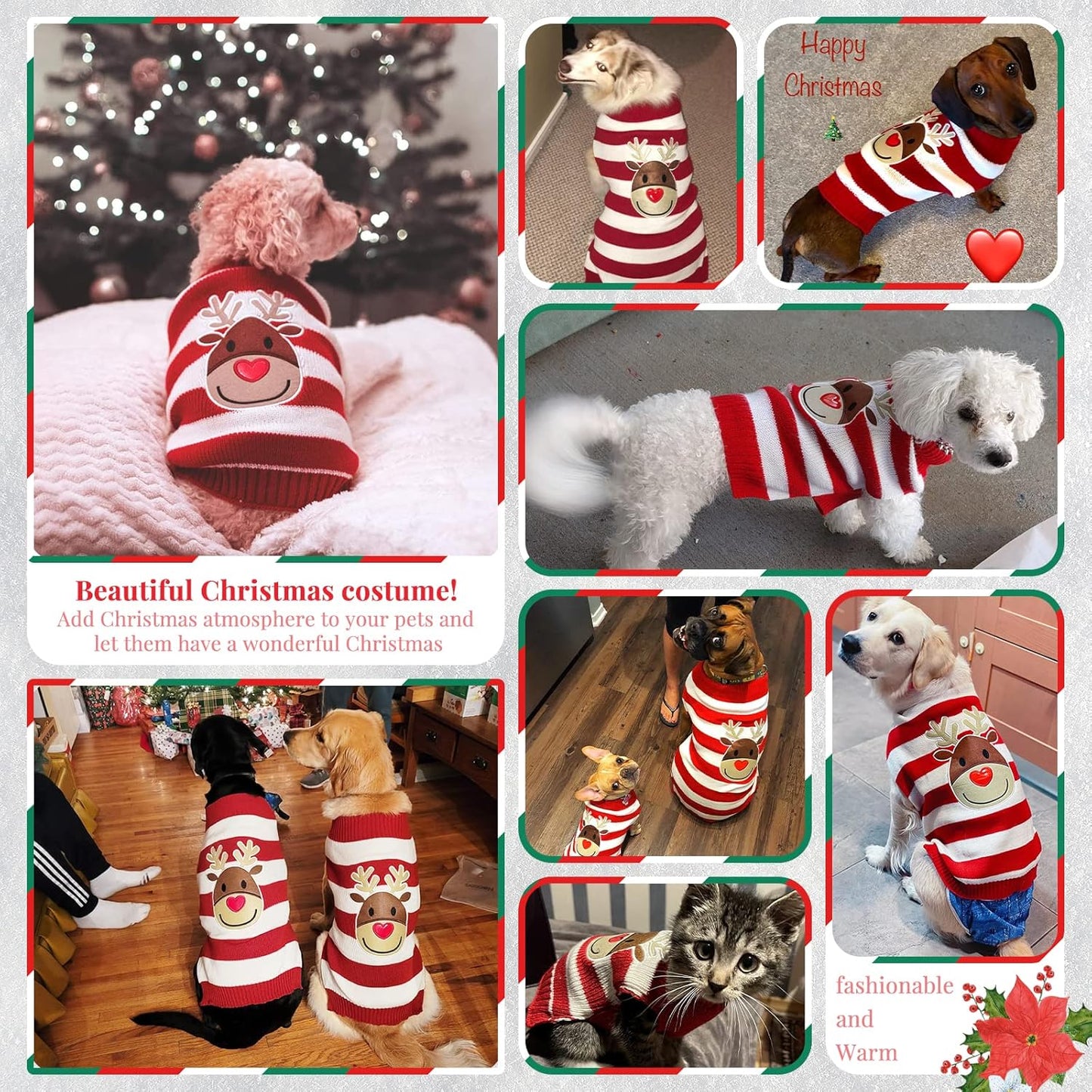 Dog Christmas Sweater Cute Reindeer Stripped Cat Ugly Xmas Outfit Holiday Puppy Costumes Fall Winter Knitted Pet Clothes for Small Medium Large Dogs Cats(S,Red)