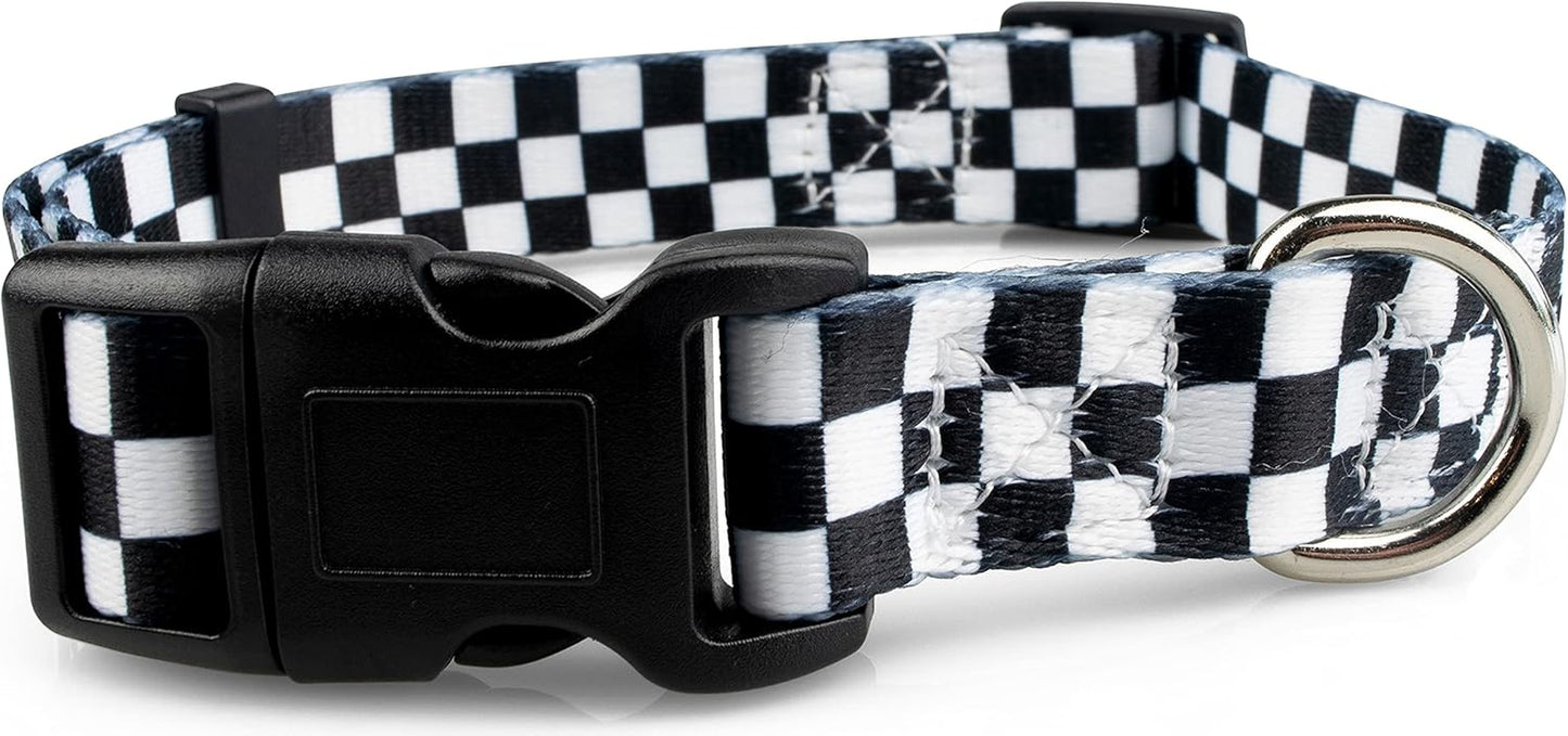 Checkered Pattern Dog Collar in Black & White - Adjustable Dog Collar for Boy and Girl Dogs with Quick Release Buckle by , Medium