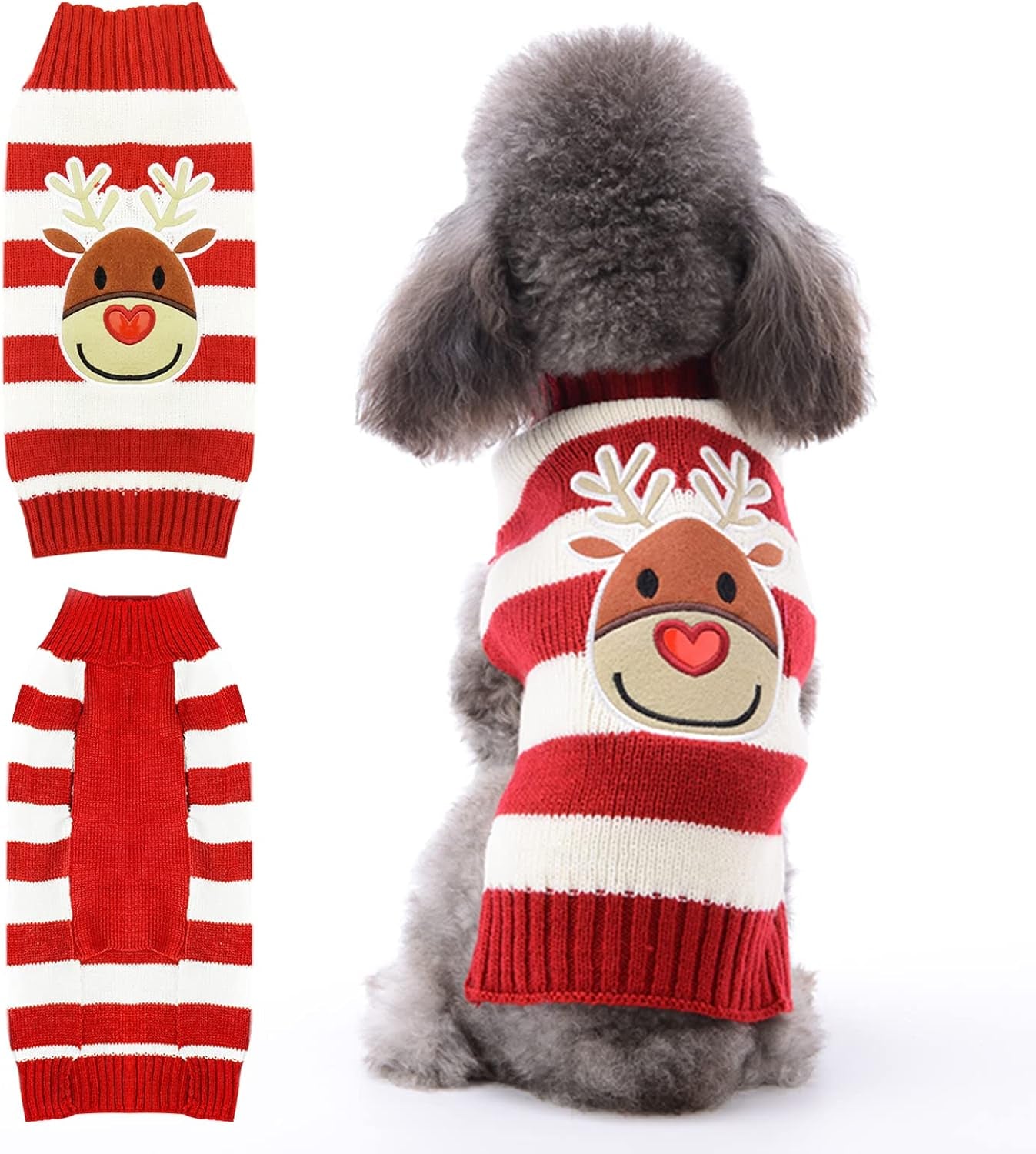 Dog Christmas Sweater Cute Reindeer Stripped Cat Ugly Xmas Outfit Holiday Puppy Costumes Fall Winter Knitted Pet Clothes for Small Medium Large Dogs Cats(L,Red)