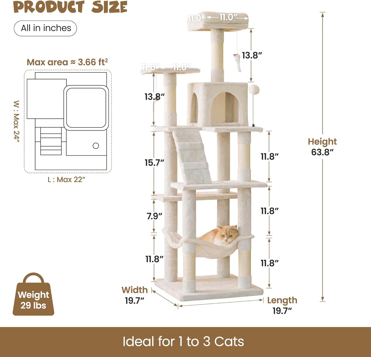 63.8 Inches Multi-Level Cat Tree for Large Cats with Sisal-Covered Scratching Posts, Padded Platform, Hammock and Condo,Stable Cat Tower Cat Condo Pet Play House-Beige