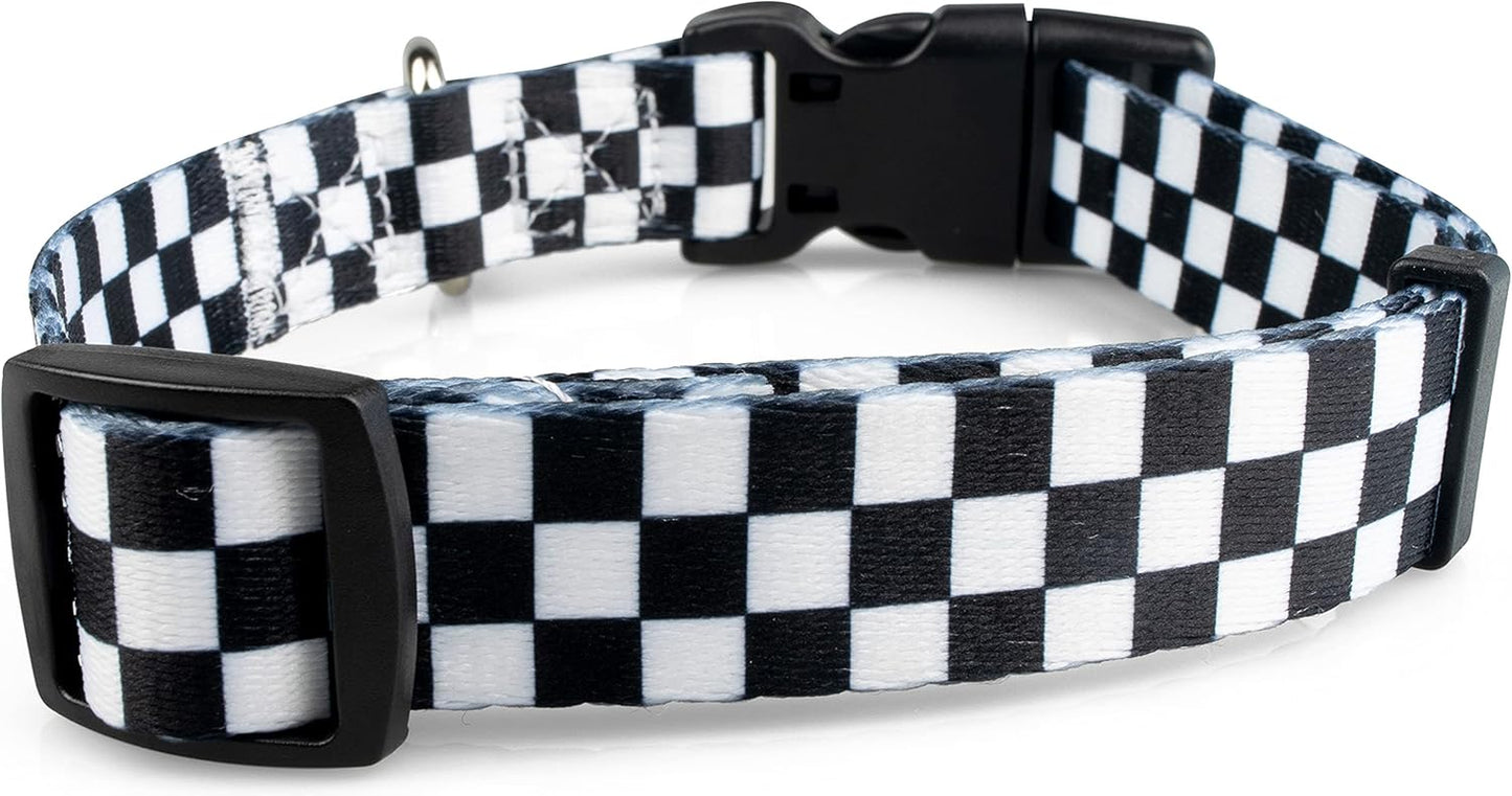 Checkered Pattern Dog Collar in Black & White - Adjustable Dog Collar for Boy and Girl Dogs with Quick Release Buckle by , Medium
