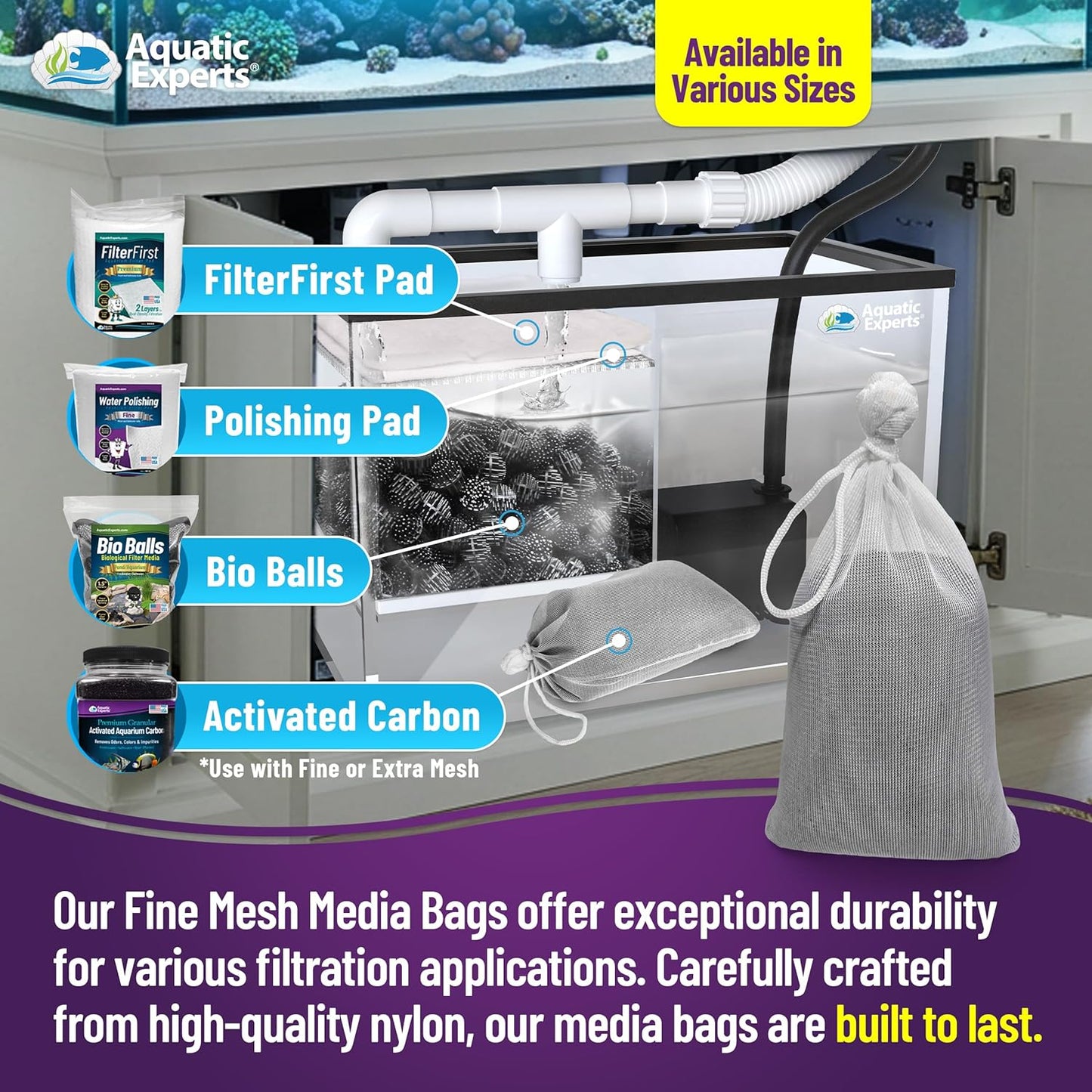 Fine Aquarium Media Bag, Durable Drawstring Bags for Fish Tank Filters, 450 Micron Mesh, (Fine, 3"X 8" - 4 Pack)