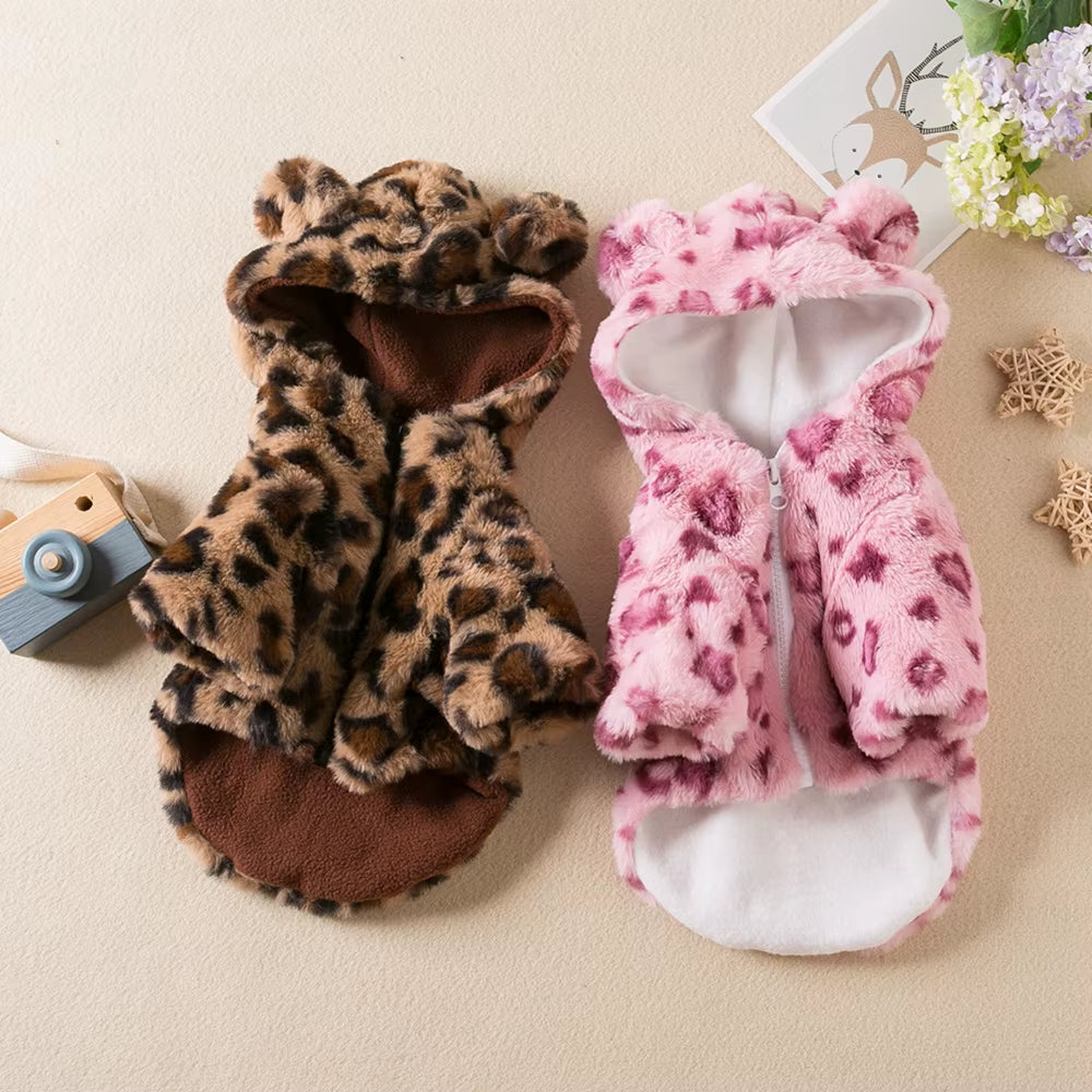 Winter Pet Dog Clothes Warm Fleece Dog Hoodie Leopard Dog Coat Jacket French Bulldog Clothing for Small Medium Dogs Pet Costumes