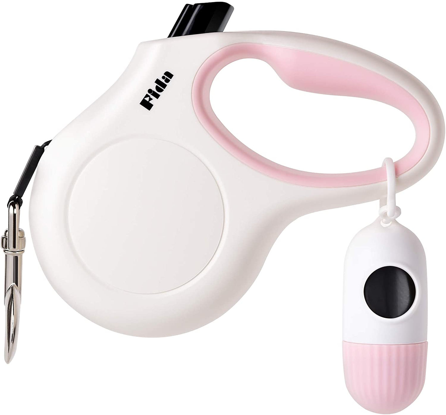 Retractable Dog Leash for Small Breed up to 26 Lbs, 16 Ft Pet Walking Leash with Dispenser and Poop Bags, Anti-Slip Handle, Reflective Strong Nylon Tape, One-Handed Brake (S, White & Pink)