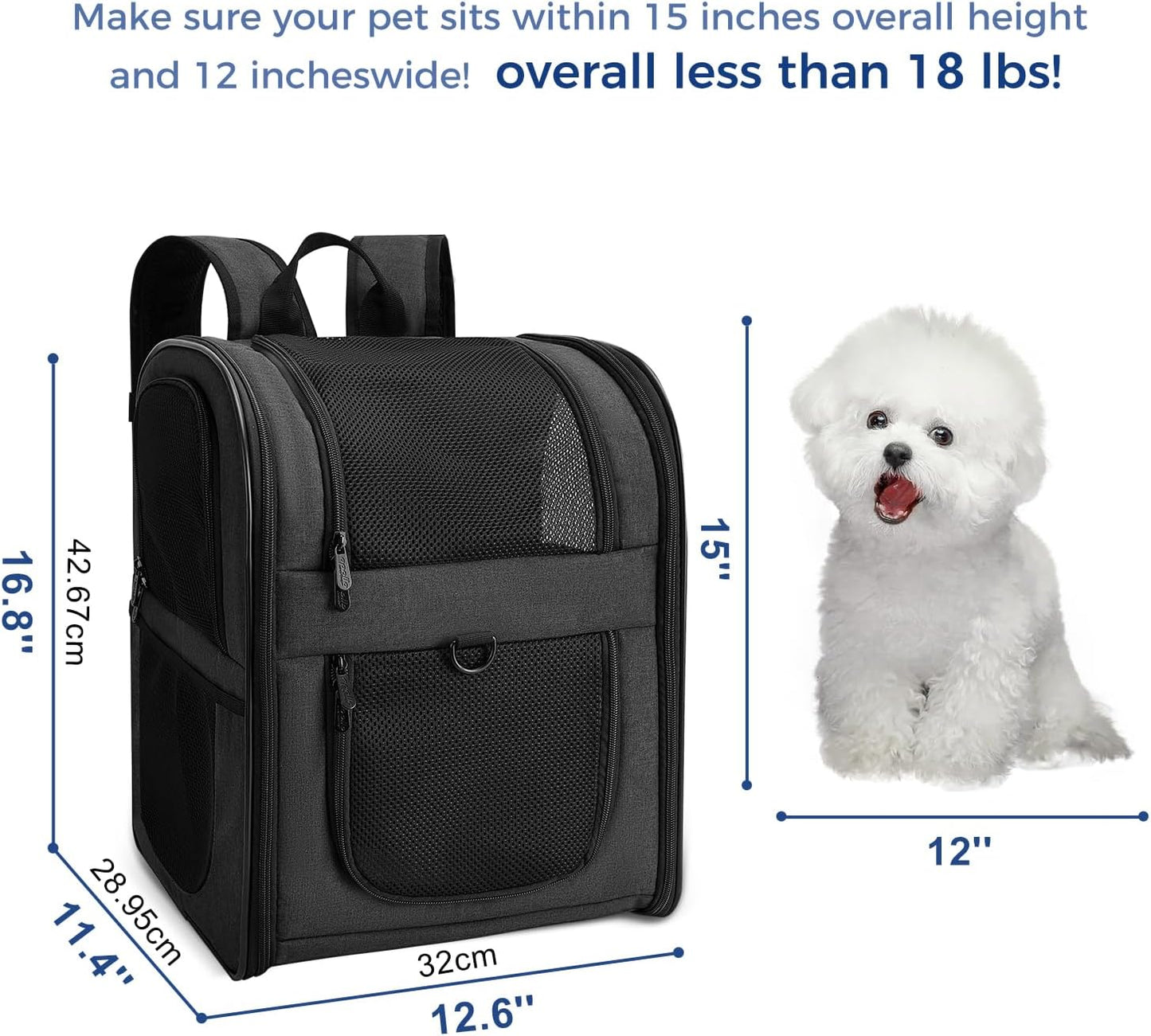 Dog & Cat Carrier Backpack for 4-18Lb Pets - Ventilated Safe Design with Padded Back Support, Breathable Mesh Pet Backpack for Hiking, Travel, Outdoor (Black)