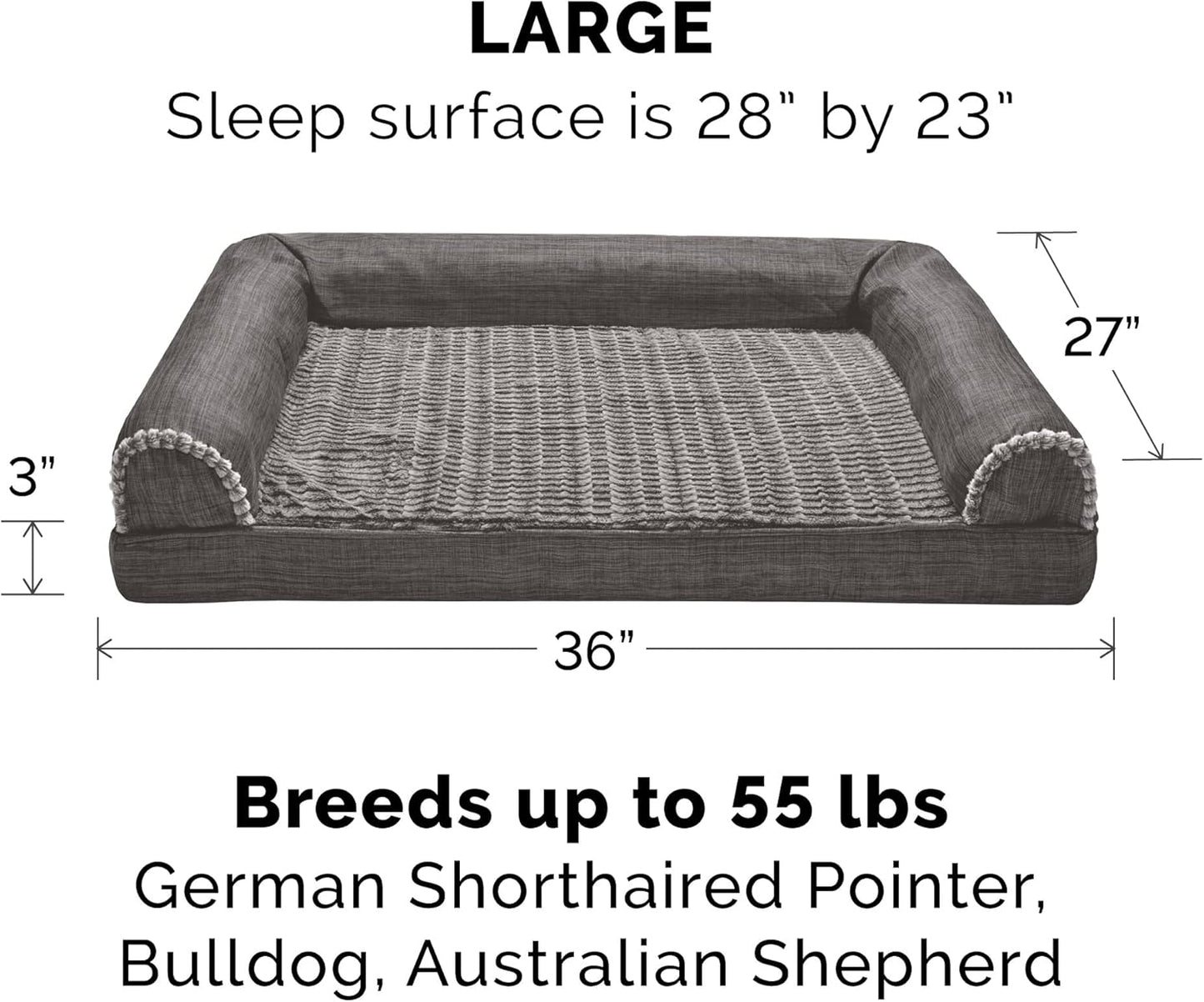 Cooling Gel Dog Bed for Large/Medium Dogs W/ Removable Bolsters & Washable Cover, for Dogs up to 55 Lbs - Luxe Faux Fur & Performance Linen Sofa - Charcoal, Large