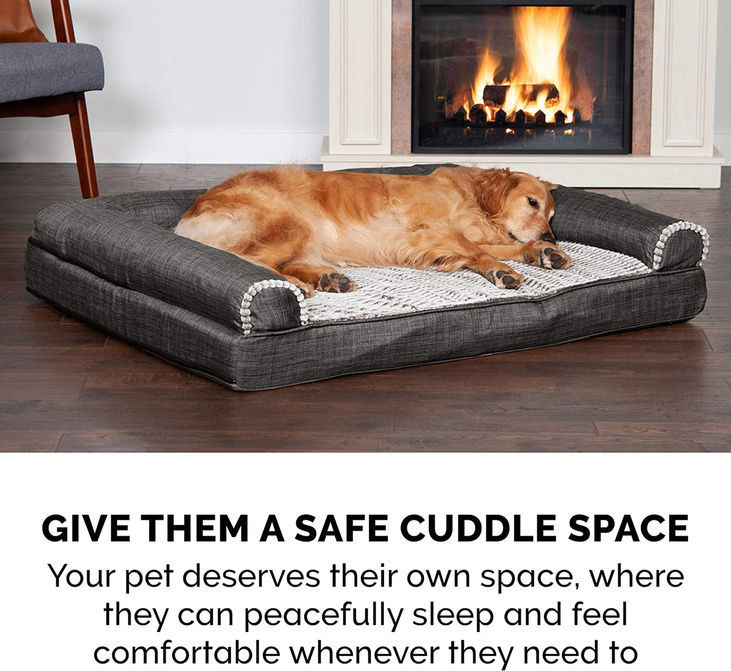 Cooling Gel Dog Bed for Large/Medium Dogs W/ Removable Bolsters & Washable Cover, for Dogs up to 55 Lbs - Luxe Faux Fur & Performance Linen Sofa - Charcoal, Large