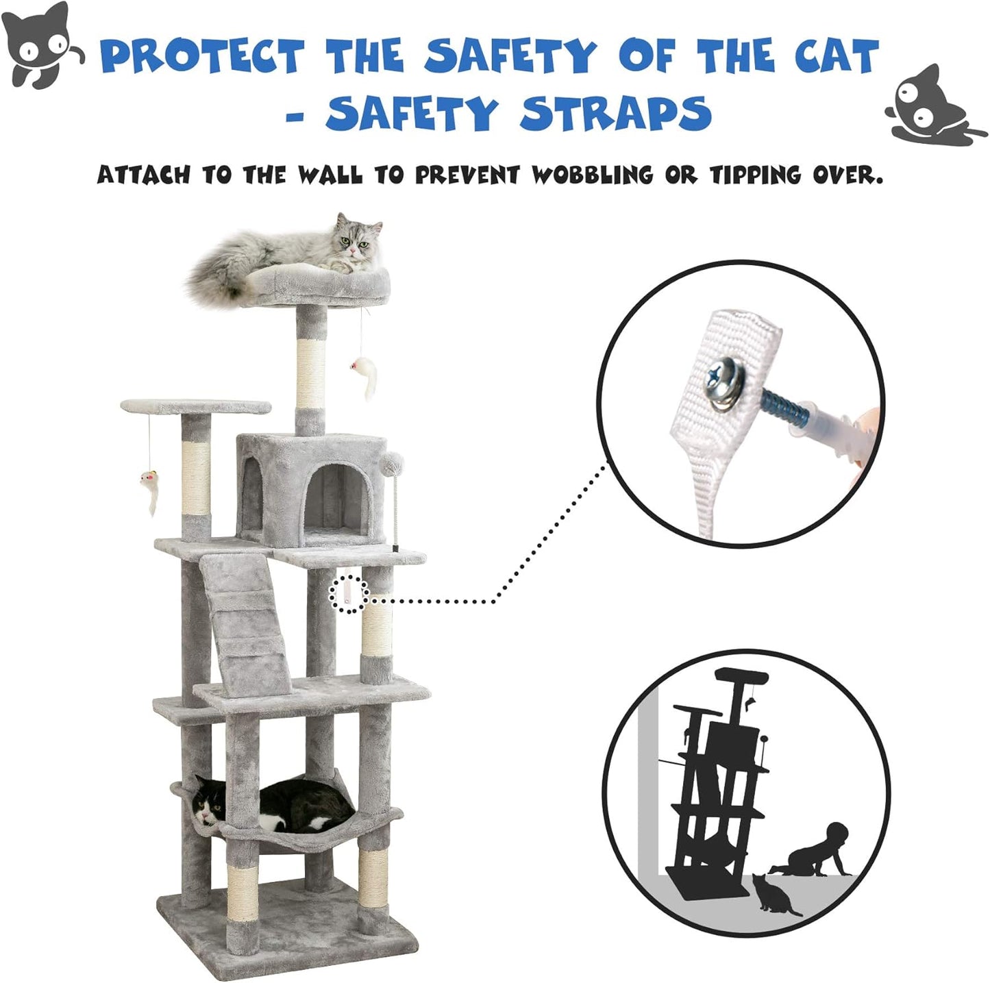 63.8 Inches Multi-Level Cat Tree for Large Cats with Sisal-Covered Scratching Posts, Padded Platform, Hammock and Condo,Stable Cat Tower Cat Condo Pet Play House-Light Gray