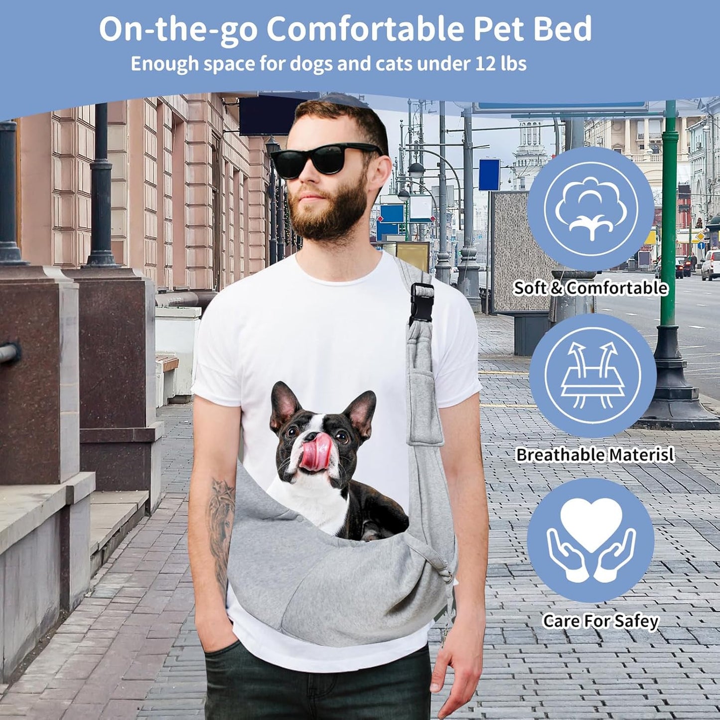 Small Dog Carrier Sling with Adjustable Strap & Dual Safety - Features Storage Pocket & Detachable Treat Pouch, Hands-Free Pet Sling for Chihuahuas, Yorkies under 12Lbs for Walking, Hiking