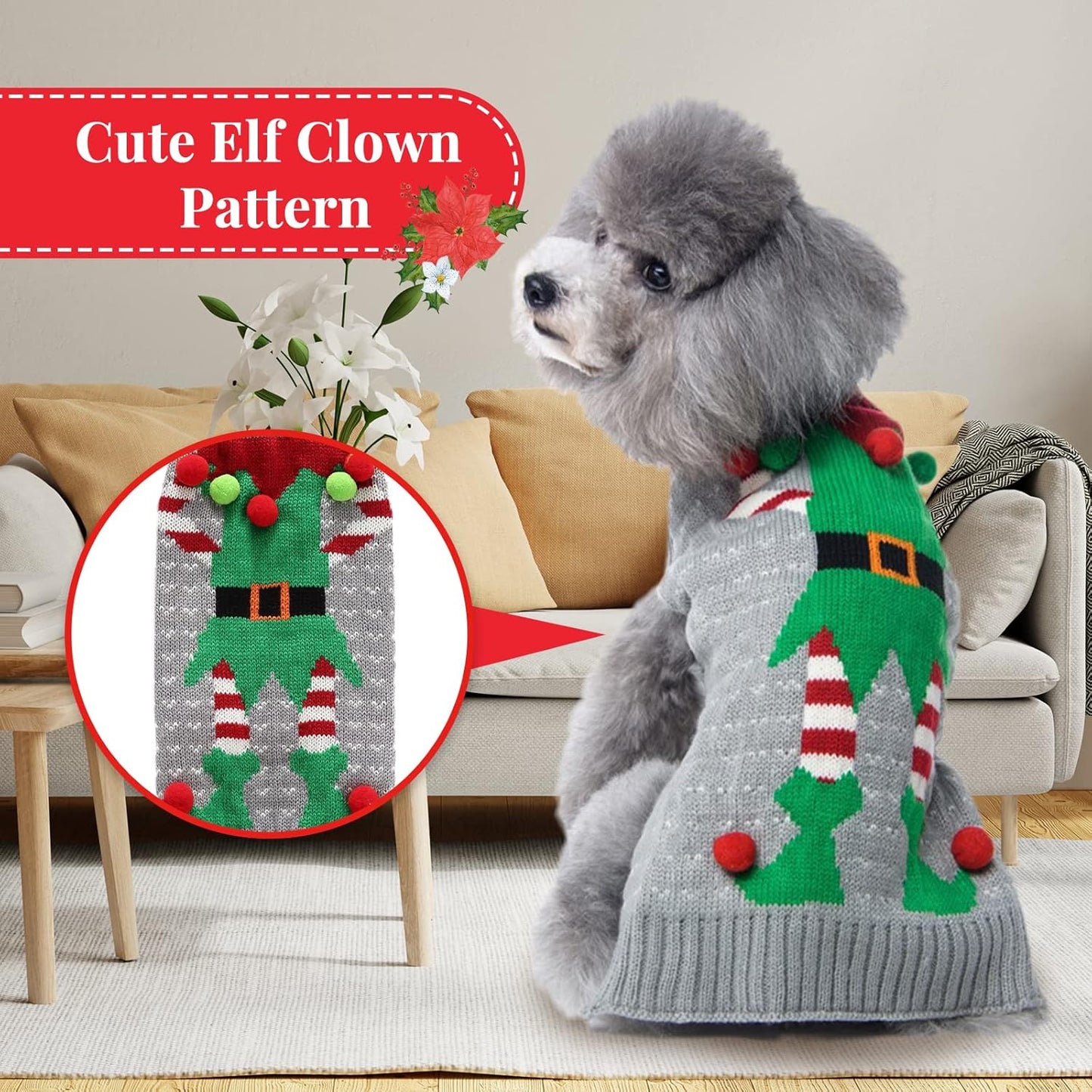 Dog Christmas Sweater Cute Funny Clown Cat Ugly Xmas Outfit Holiday Puppy Costumes Fall Winter Pet Knitted Sweaters Clothes for Small Medium Large Dogs Cats(Xs,Green)
