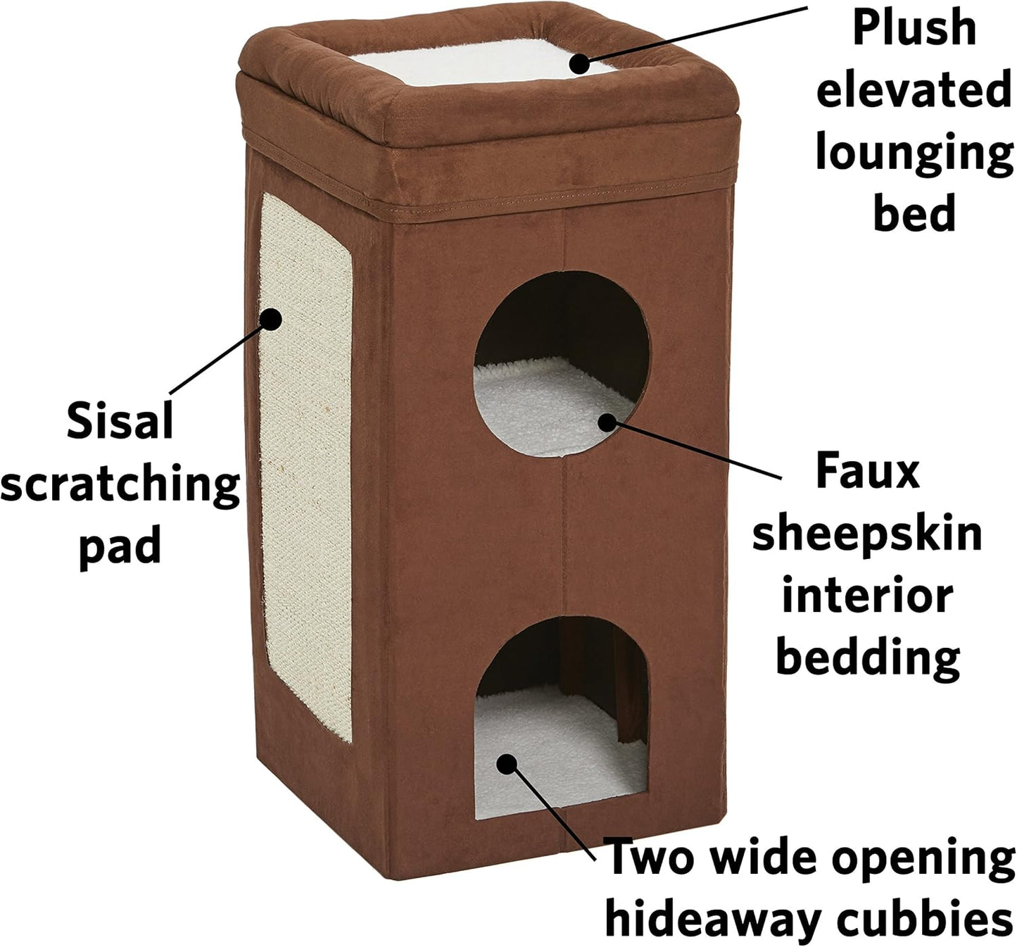 Feline Nuvo Curious Cat Condo, Tri-Level Cat Tree, Faux Brown Suede with Hideaways, Bed Top & Sisal Scratch Panel, for Multiple Cats
