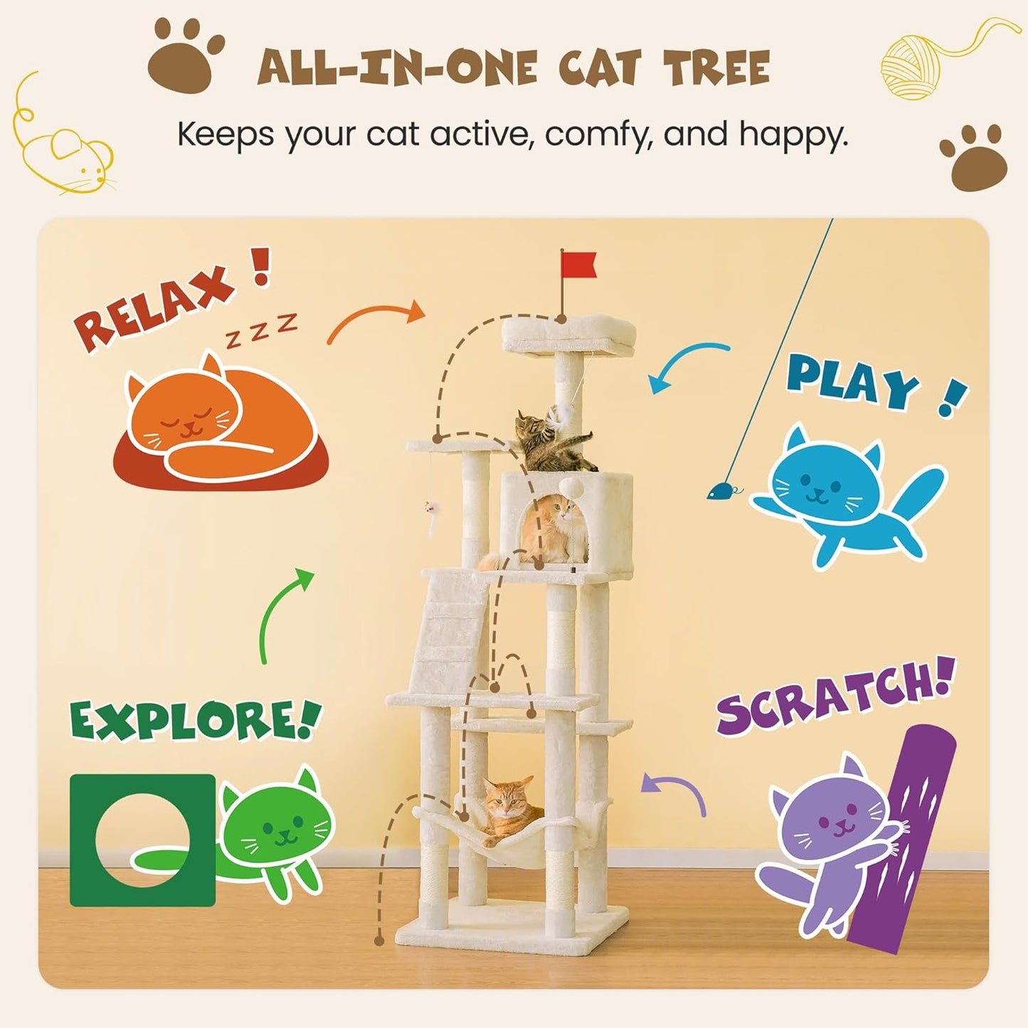 63.8 Inches Multi-Level Cat Tree for Large Cats with Sisal-Covered Scratching Posts, Padded Platform, Hammock and Condo,Stable Cat Tower Cat Condo Pet Play House-Beige