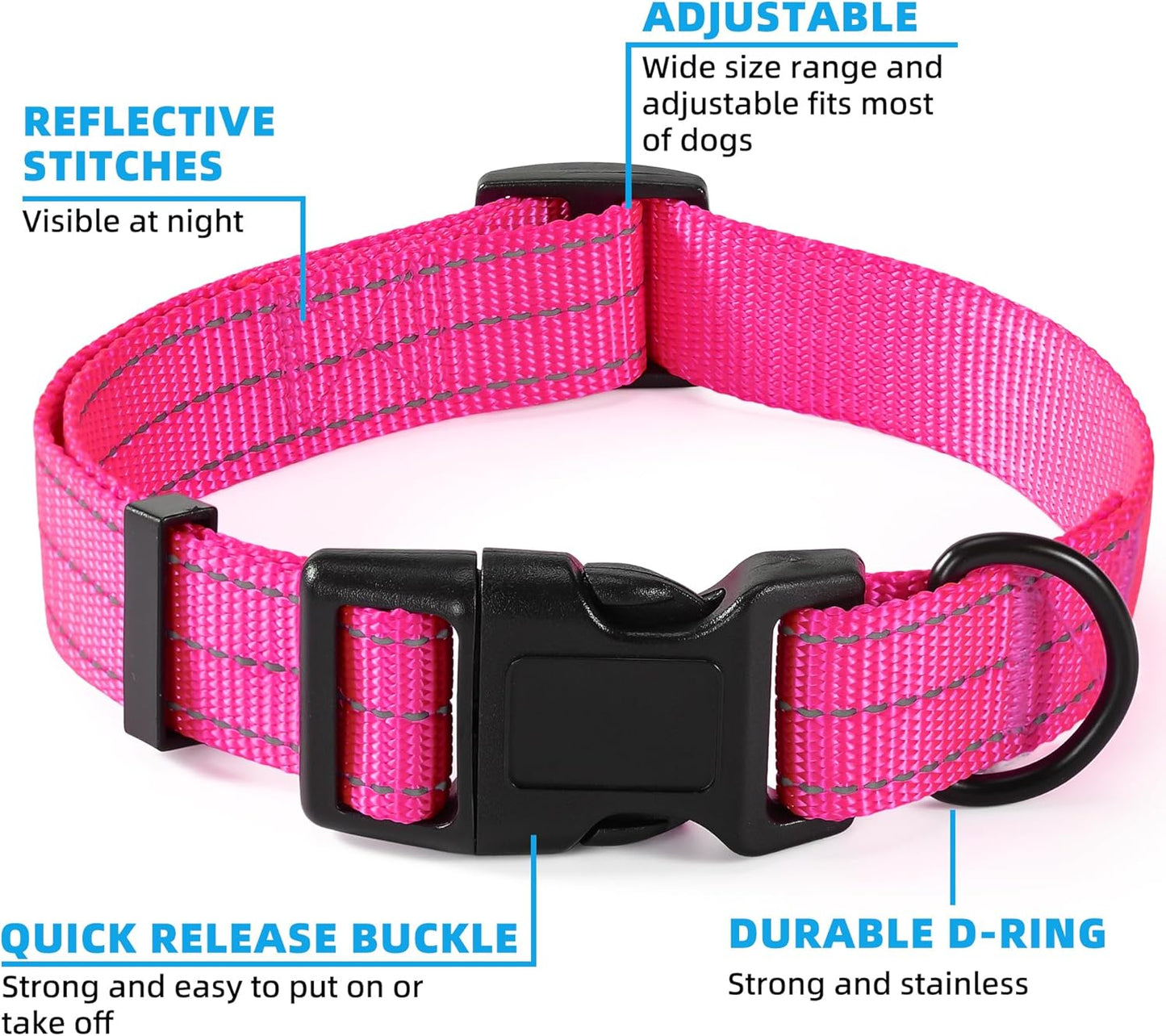 Dog Collar | Nylon Reflective Dog Collars | Light Weight Puppy Collars | Pink Dog Collars for Small Dogs (Solid Pink, X-Small)