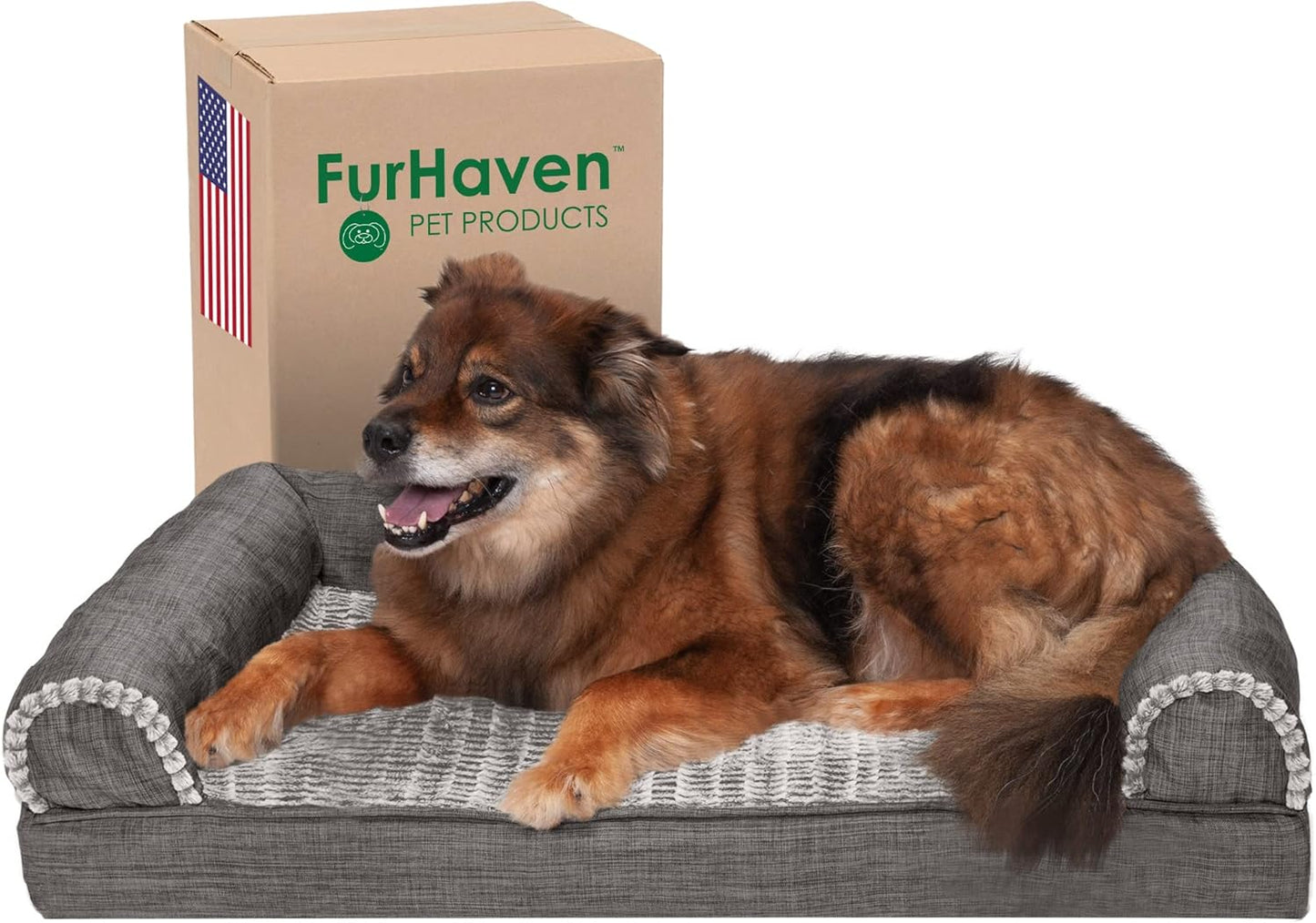 Cooling Gel Dog Bed for Large/Medium Dogs W/ Removable Bolsters & Washable Cover, for Dogs up to 55 Lbs - Luxe Faux Fur & Performance Linen Sofa - Charcoal, Large