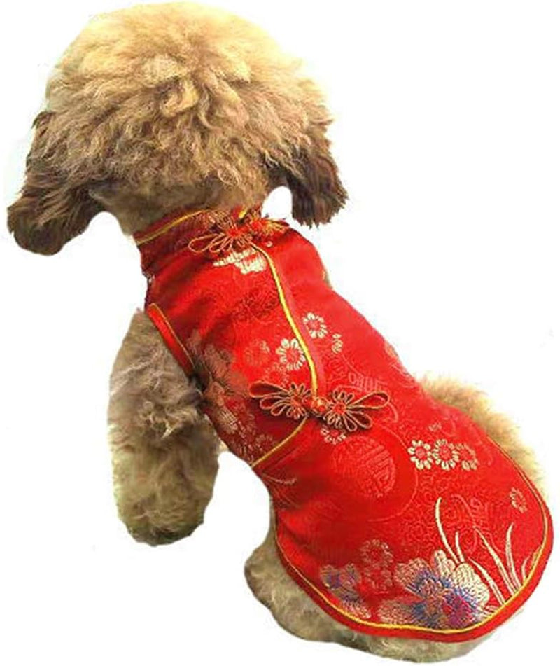 Pet Costume Tang Suit Dog Cheongsam Satin Clothes Chinese Style Clothing for Dogs Pet Skirt Puppy Cats Dress Dog Vest Tshirt (Red, XS)