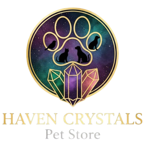 Logo of Haven Crystals Pet Store with paw design, crystals, and silhouettes on a gradient background. Haven Crystals Pet Stores.
