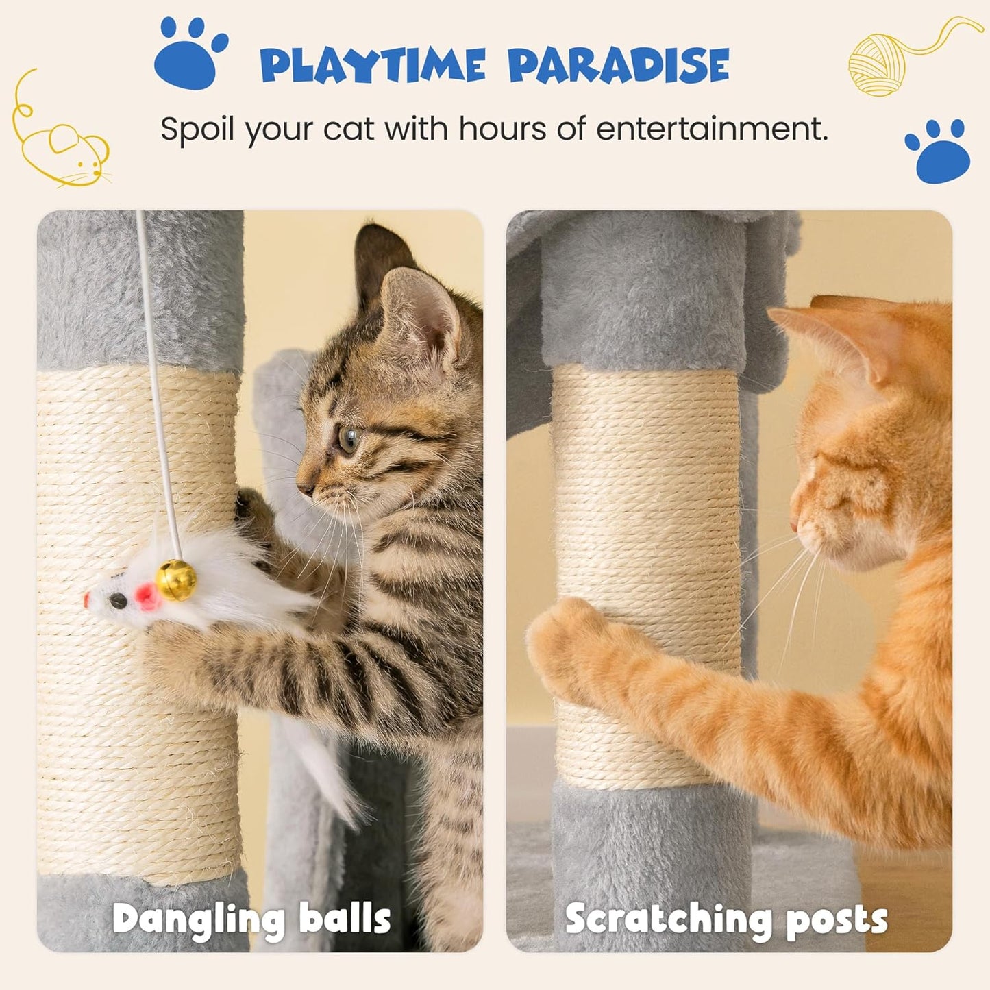 63.8 Inches Multi-Level Cat Tree for Large Cats with Sisal-Covered Scratching Posts, Padded Platform, Hammock and Condo,Stable Cat Tower Cat Condo Pet Play House-Light Gray