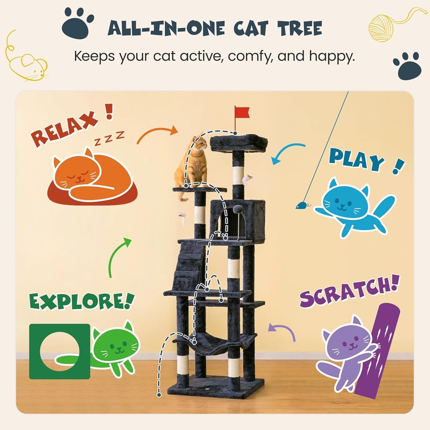 63.8 Inches Multi-Level Cat Tree for Large Cats with Sisal-Covered Scratching Posts, Padded Platform, Hammock and Condo,Stable Cat Tower Cat Condo Pet Play House-Smoky Gray