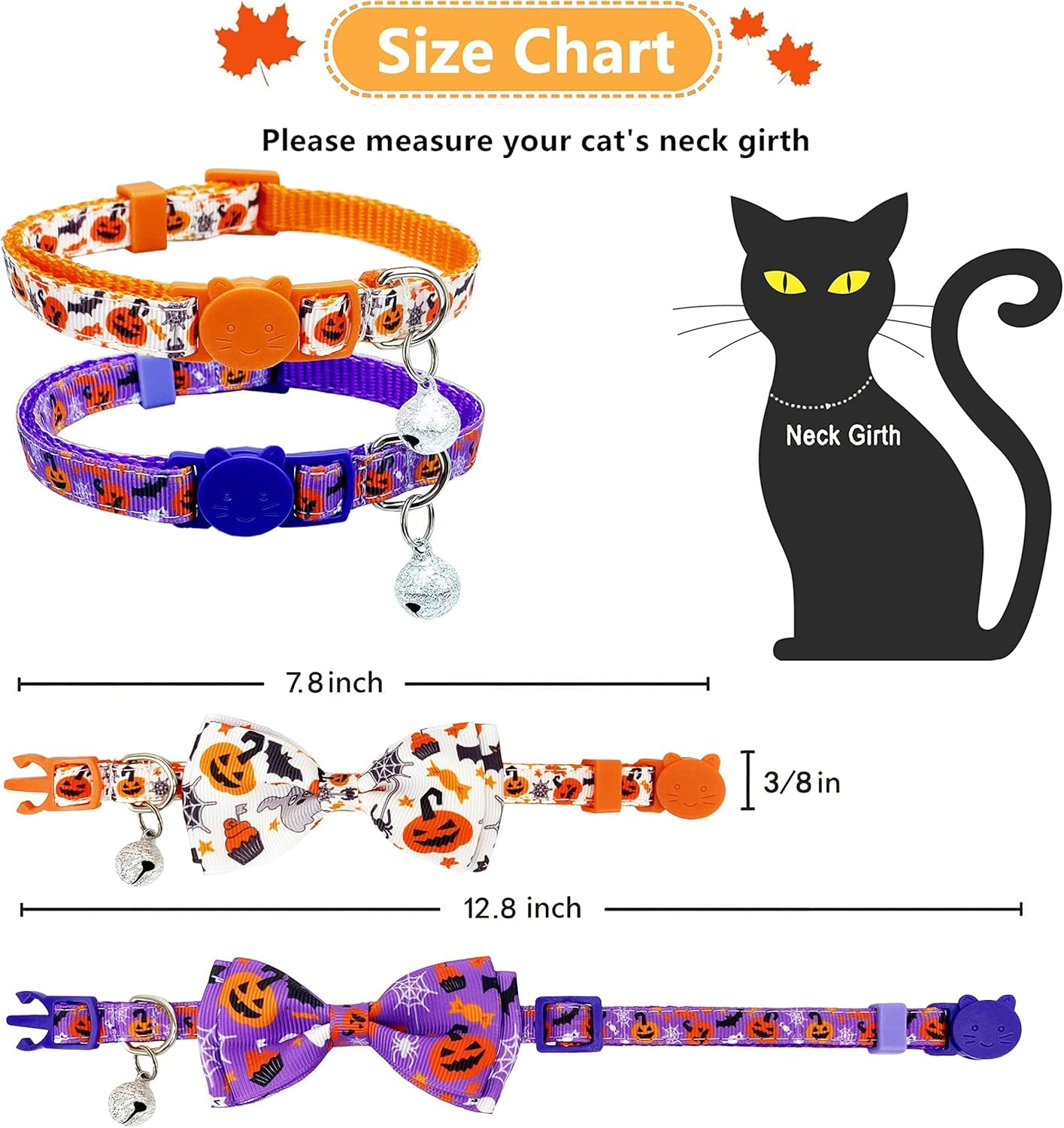 Halloween Cat Collar with Bell, Kitty Kitten Holiday Bow Tie Collar Breakaway 2 Pack for Girl and Boys Male Female
