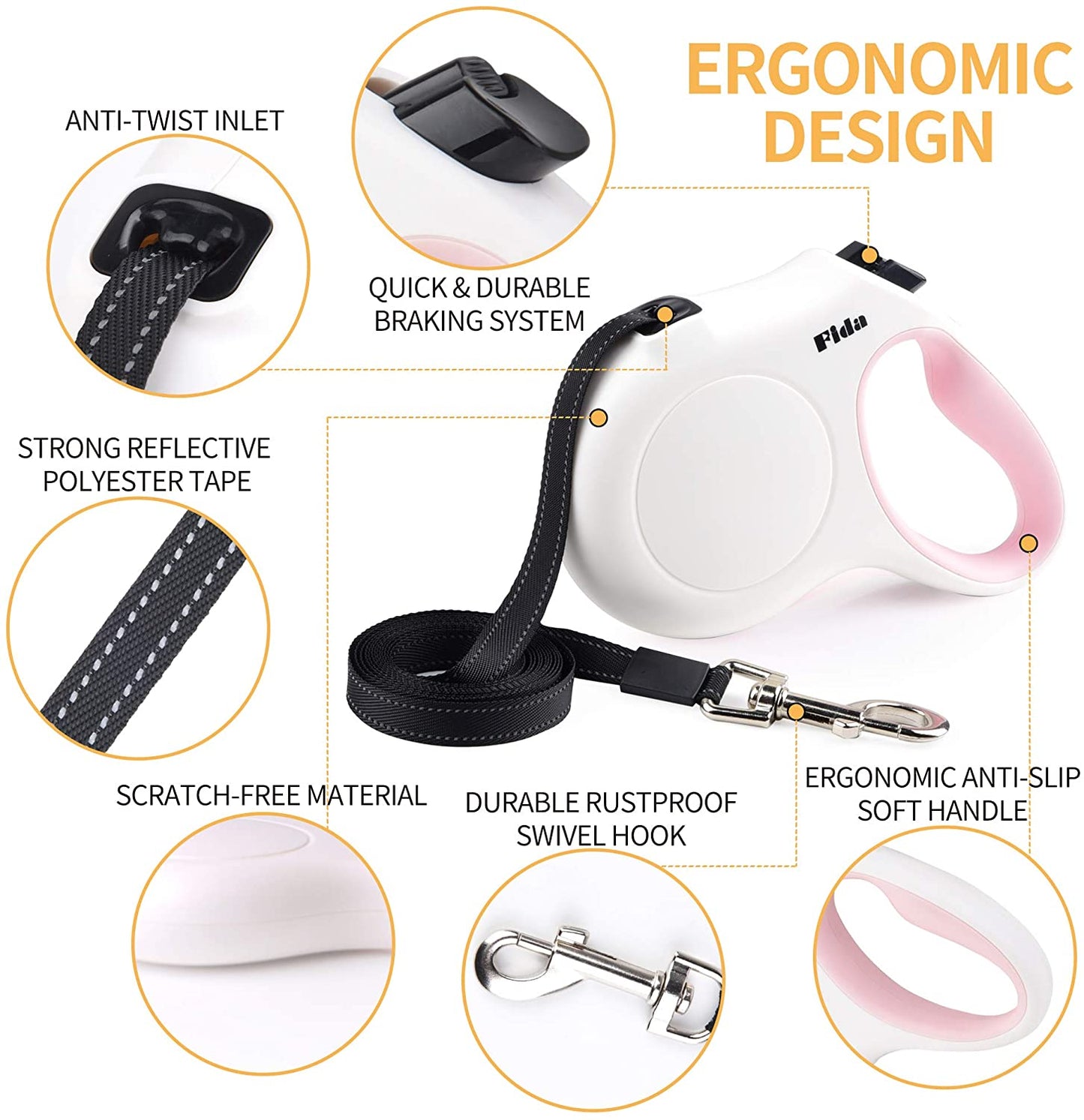 Retractable Dog Leash for Small Breed up to 26 Lbs, 16 Ft Pet Walking Leash with Dispenser and Poop Bags, Anti-Slip Handle, Reflective Strong Nylon Tape, One-Handed Brake (S, White & Pink)