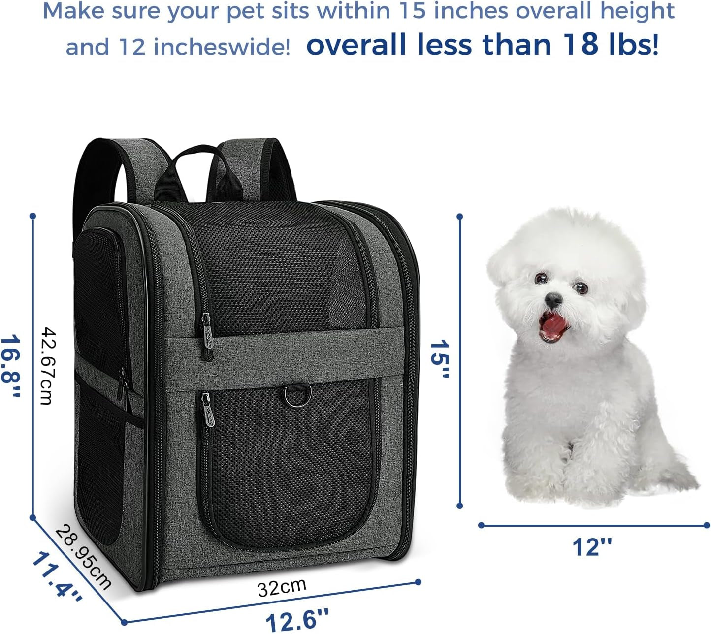 Pet Carrier Backpack for 4-15Lb Cats and Dogs, Puppies, Safety Features and Cushion Back Support | for Travel, Hiking, Outdoor Use (Gray)