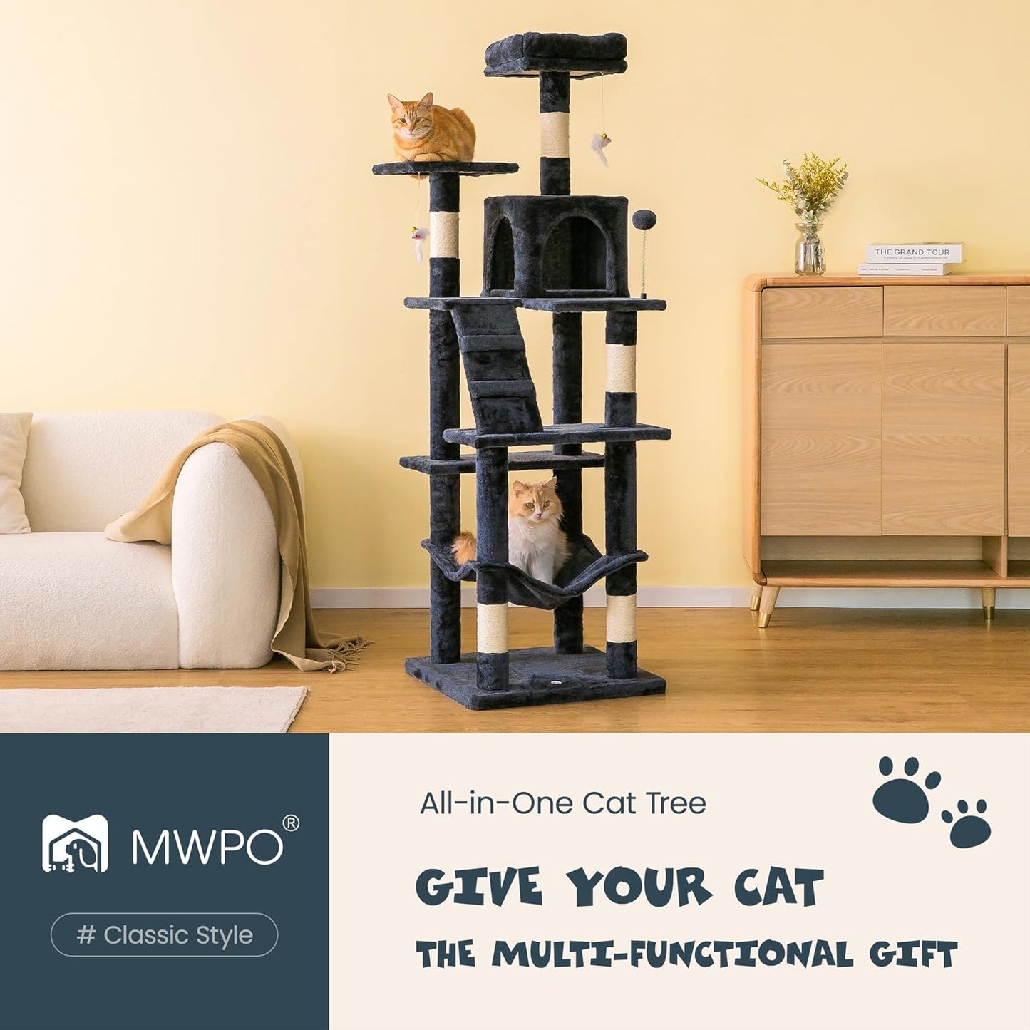 63.8 Inches Multi-Level Cat Tree for Large Cats with Sisal-Covered Scratching Posts, Padded Platform, Hammock and Condo,Stable Cat Tower Cat Condo Pet Play House-Smoky Gray