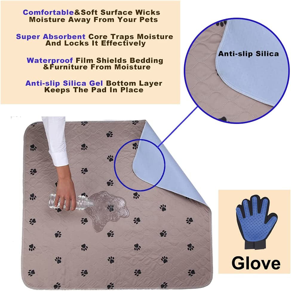 Washable Dog Pee Pads with Puppy Grooming Gloves,Puppy Pads,Reusable Pet Training Pads,Large ,Waterproof Pet Pads for Dog Bed Mat,Super Absorbing Whelping Pads,48X48 Inch (Pack of 2)