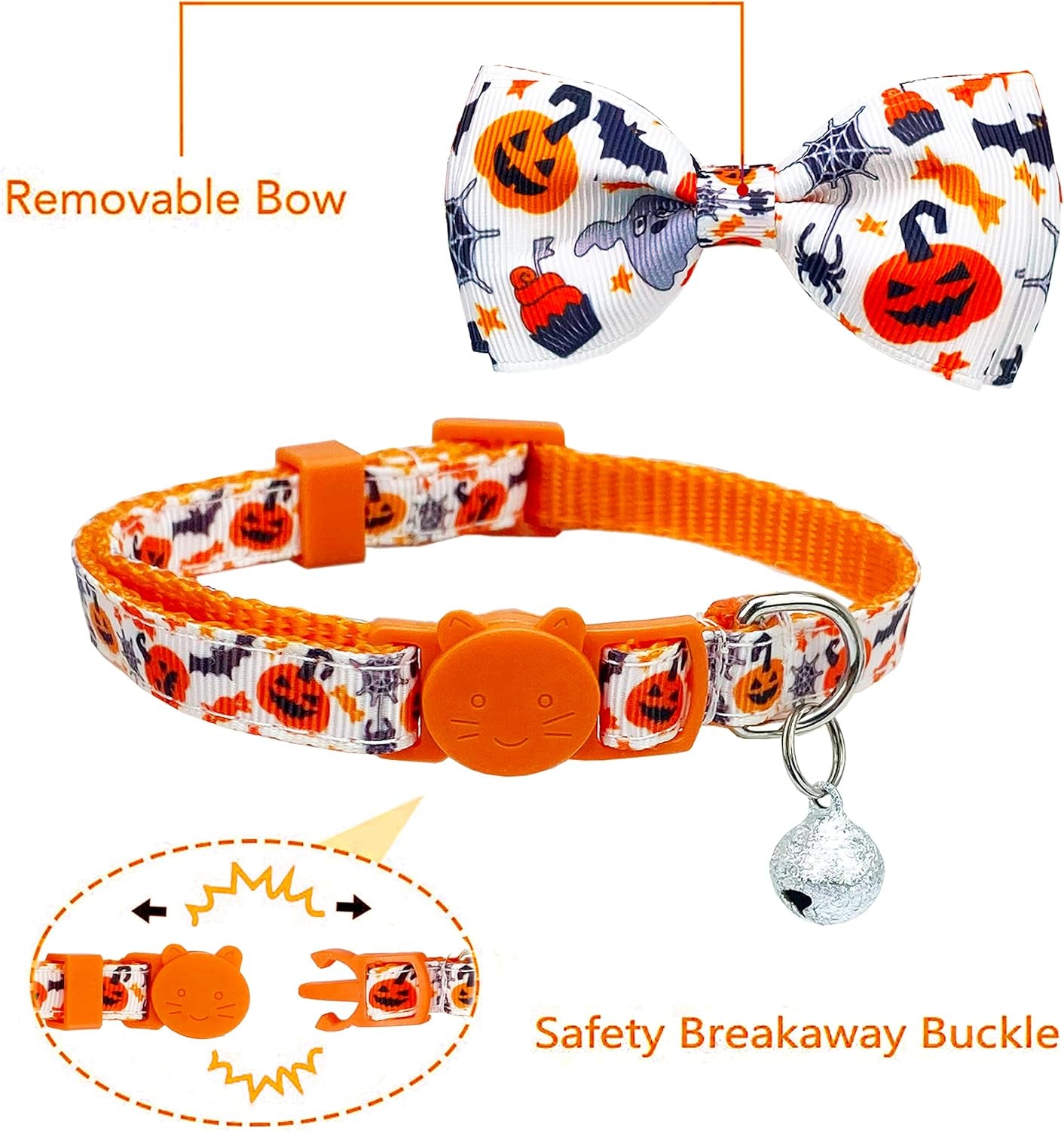 Halloween Cat Collar with Bell, Kitty Kitten Holiday Bow Tie Collar Breakaway 2 Pack for Girl and Boys Male Female
