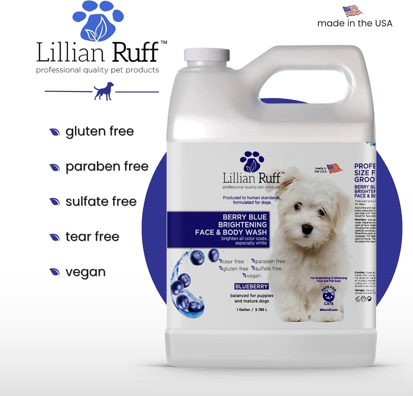 PRO Formula Berry Blue Brightening Pet Shampoo - Ultra-Hydrating Professional Whitening Dog Shampoo, Vivid Show-Quality Coat Enhancer, Tear Stain & Odor Eliminator, Vitamin B5, 128Oz+Pump