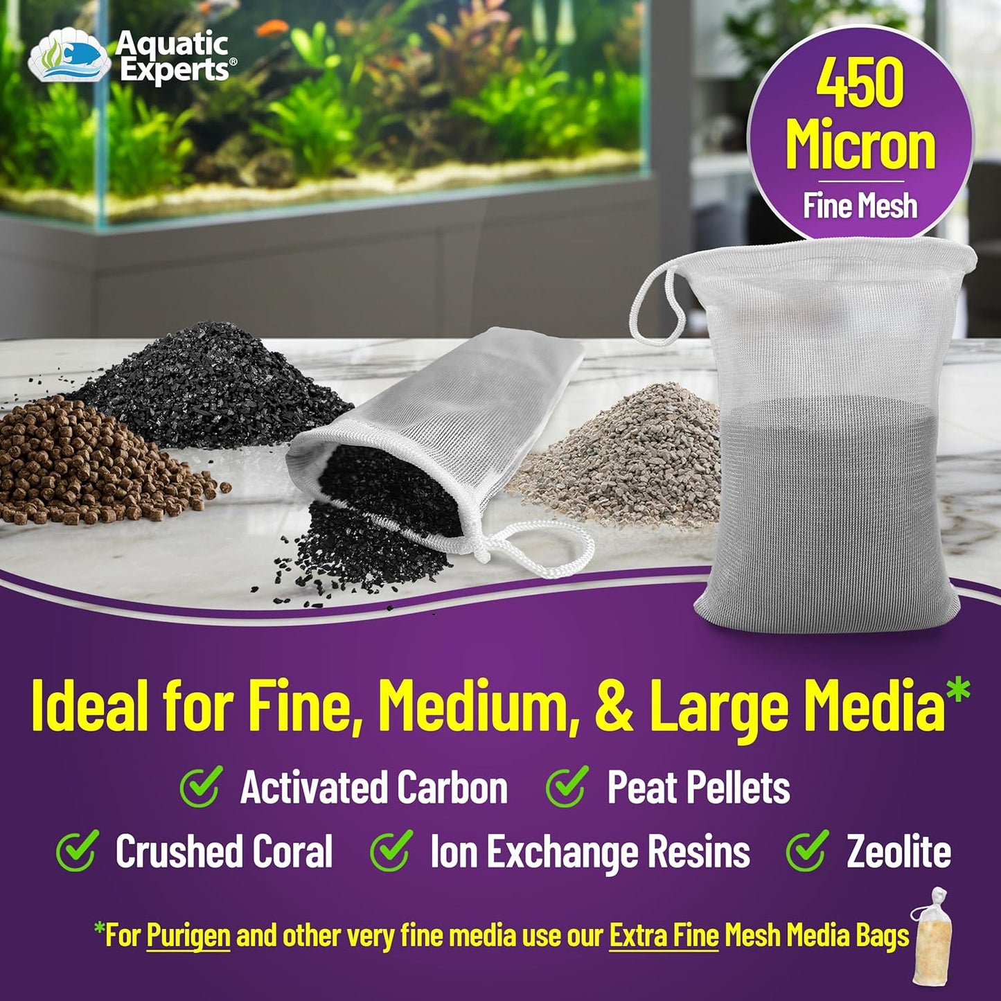 Fine Aquarium Media Bag, Durable Drawstring Bags for Fish Tank Filters, 450 Micron Mesh, (Fine, 3"X 8" - 4 Pack)