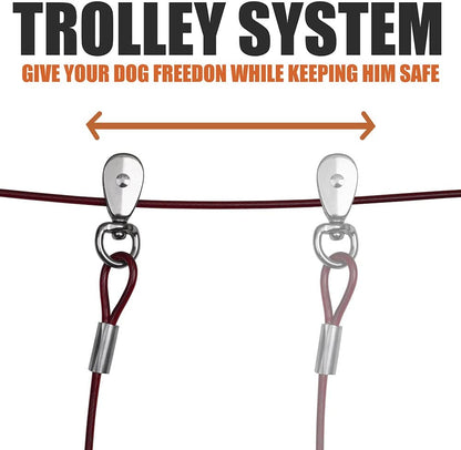 Dog Tie Out Trolley System for Yard - 60Ft Dog Run Cable with 10Ft Pulley Runner Lead - Heavy Duty Reflective Cable for Dogs up to 125 Lbs, Rust-Resistant & Tangle-Free Outdoor Runner