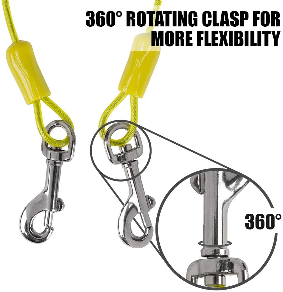 Dog Tie Out Cable 15 Feet - Heavy Duty Dog Lead up to 35 Pounds - Reflective & Rust-Free with Quick Release Swivel Clips & 360° Rotating Clasp - Tangle-Free Dogs Runner for Yard (Yellow, Single)