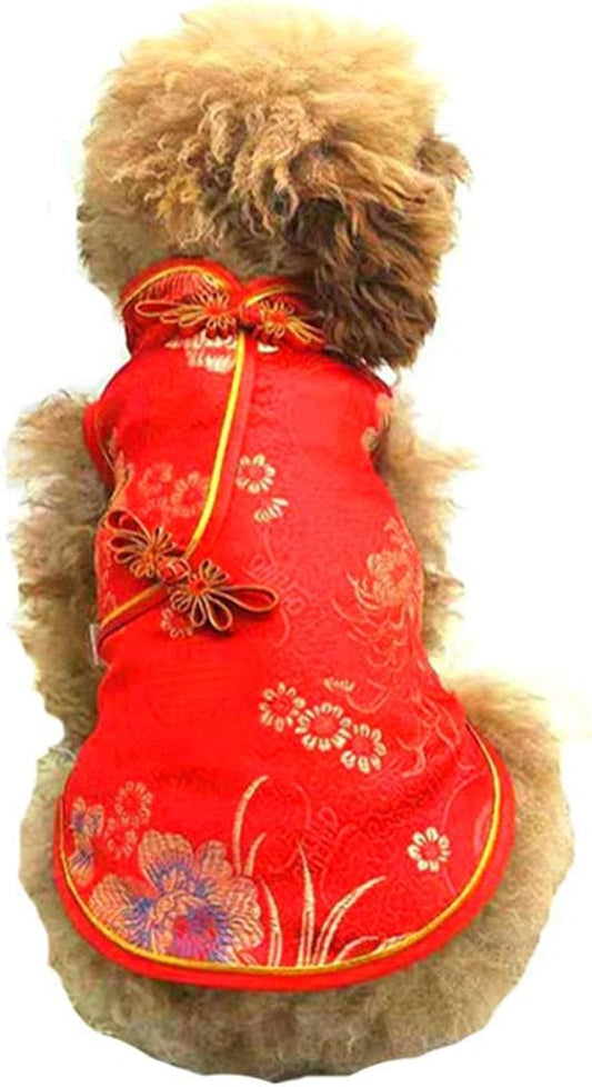 Pet Costume Tang Suit Dog Cheongsam Satin Clothes Chinese Style Clothing for Dogs Pet Skirt Puppy Cats Dress Dog Vest Tshirt (Red, XS)