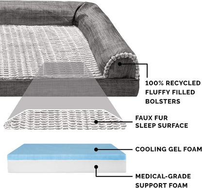 Cooling Gel Dog Bed for Large/Medium Dogs W/ Removable Bolsters & Washable Cover, for Dogs up to 55 Lbs - Luxe Faux Fur & Performance Linen Sofa - Charcoal, Large