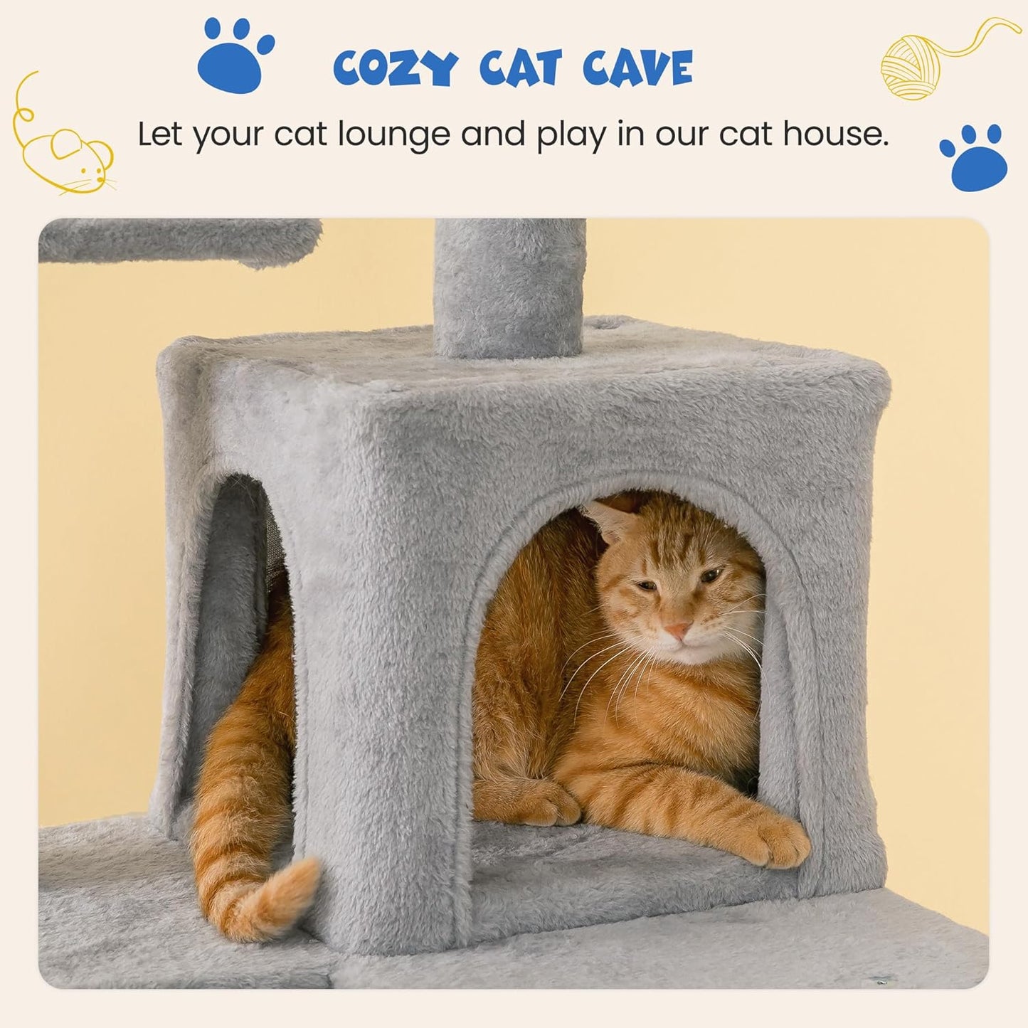63.8 Inches Multi-Level Cat Tree for Large Cats with Sisal-Covered Scratching Posts, Padded Platform, Hammock and Condo,Stable Cat Tower Cat Condo Pet Play House-Light Gray