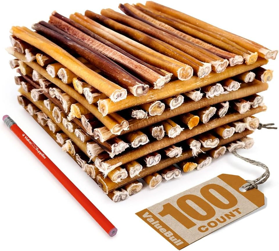 USA Bully Sticks for Small Dogs, Thin 6 Inch, 100 Count Bulk Pack - All Natural, Grass Fed, Single Ingredient, Long Lasting Dog Treats