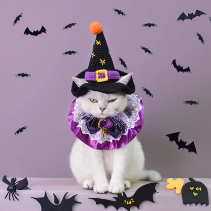 Enchanting Christmas Pet Costume Set - Witch Hat and Purple Queen Collarcat Hat Halloween|Cat Hat Halloween|Knit Cat Hats