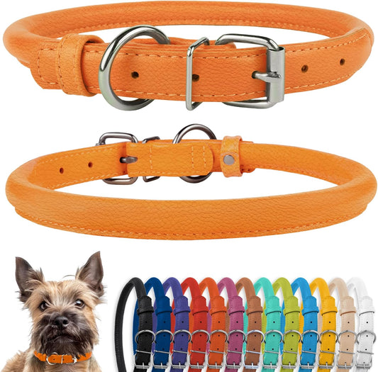 Rolled Leather Dog Collar, Soft Padded round Puppy Collar, Handmade Genuine Leather Collar Dog Small Large Cat Collars 13 Colors (6-7 Inch, Orange Textured)