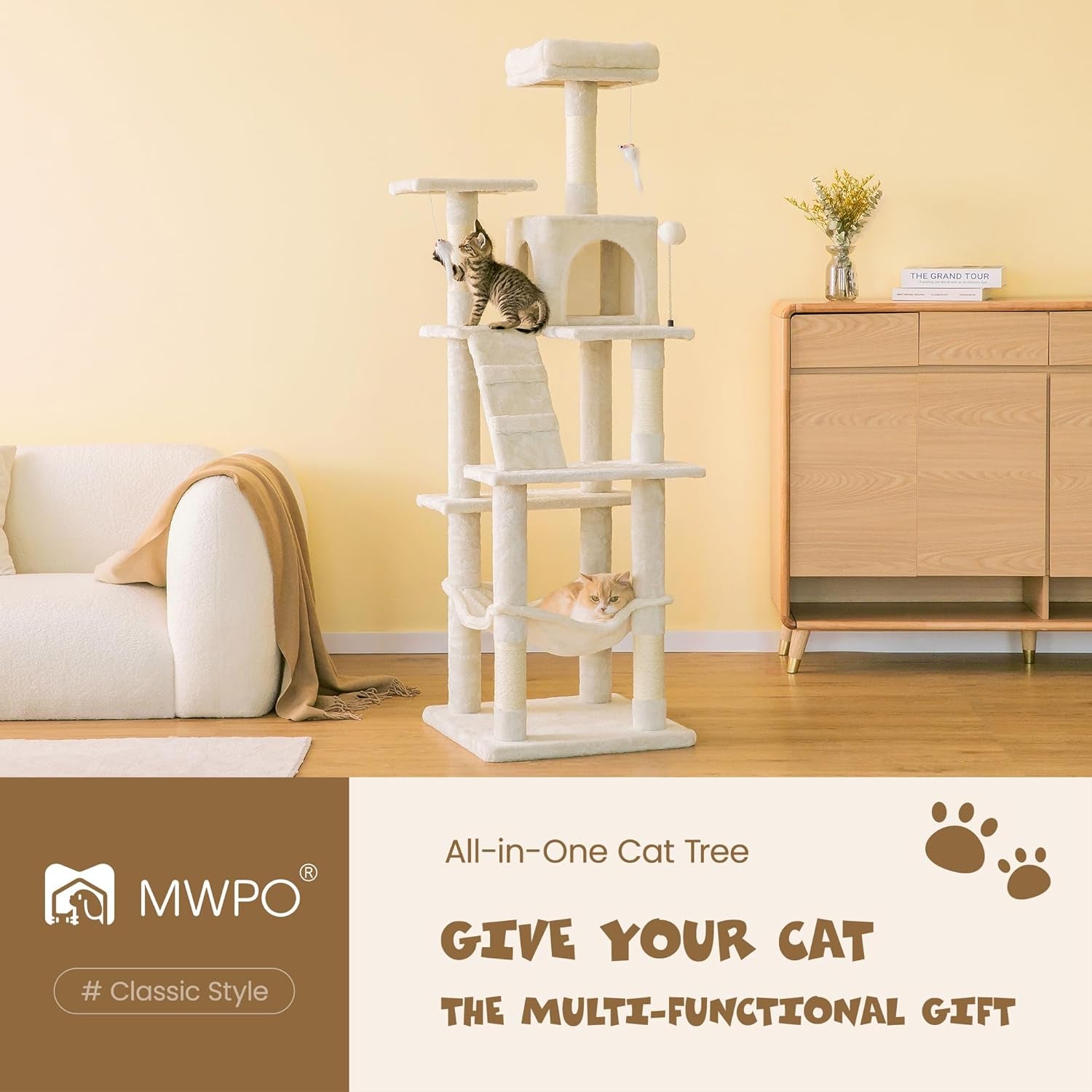 63.8 Inches Multi-Level Cat Tree for Large Cats with Sisal-Covered Scratching Posts, Padded Platform, Hammock and Condo,Stable Cat Tower Cat Condo Pet Play House-Beige