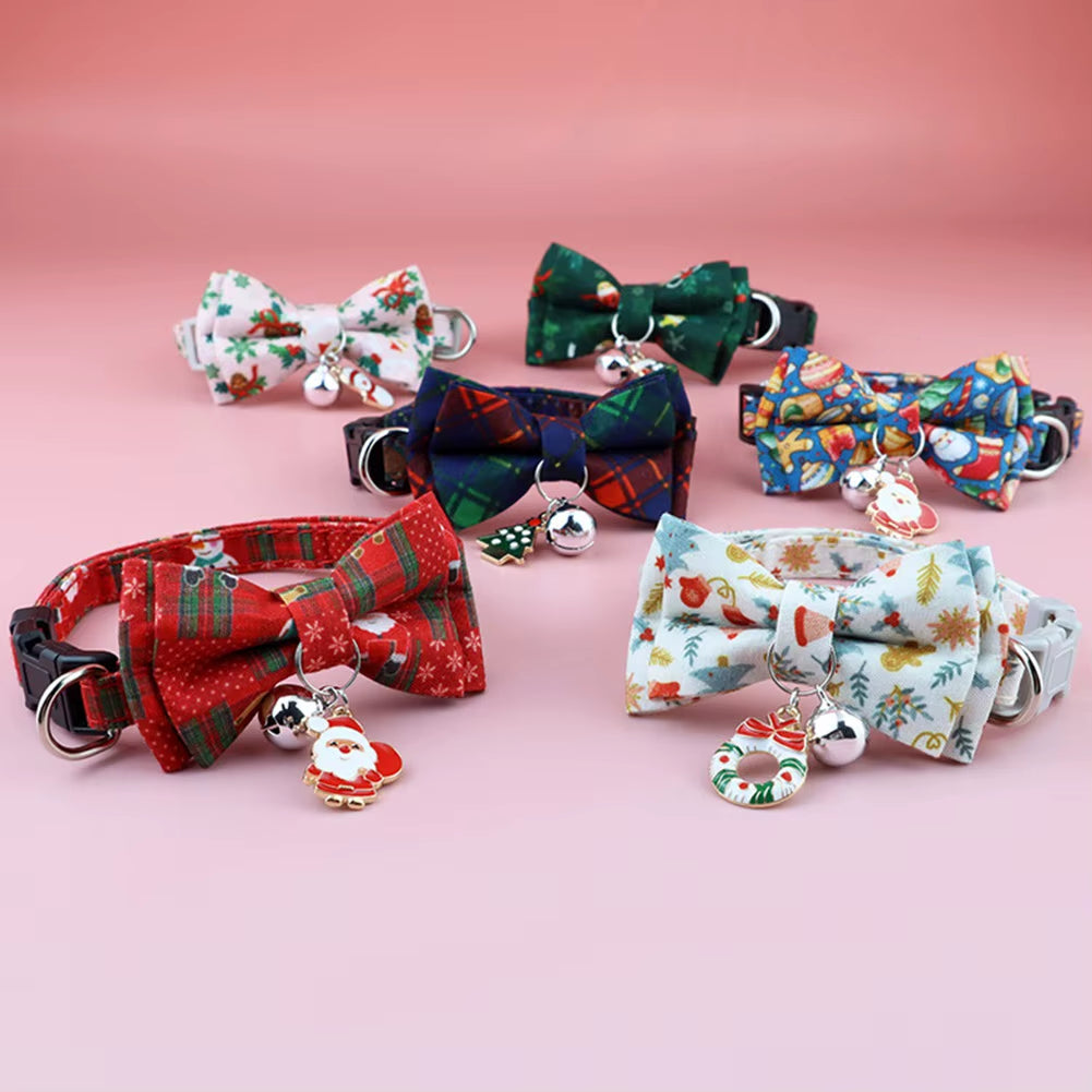 Christmas Cat Collar Breakaway with Bell Bow Tie 1 Pack Nylon Adjustable Kitten Collars Holiday Outfit Dressing up Necklace