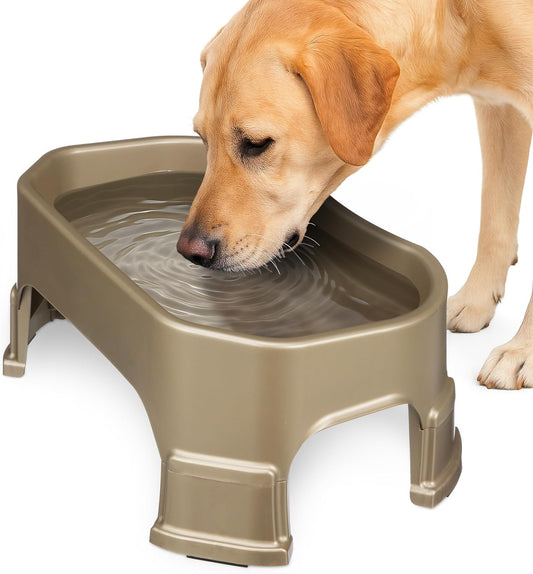 Large Water Bowl for Dogs, Raised Outdoor Dog Water Bowl (1.25 Gallon XL Capacity), Big Trough Style Food Dish for Indoors or Outside, No Spill Large Dog Bowls, Champagne