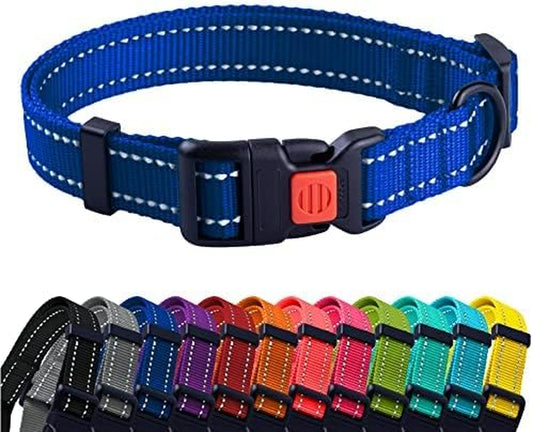 Reflective Dog Collar for a Small, Medium, Large Dog or Puppy with a Quick Release Buckle - Boy and Girl - Nylon Suitable for Swimming (7-11 Inch (New), Blue)
