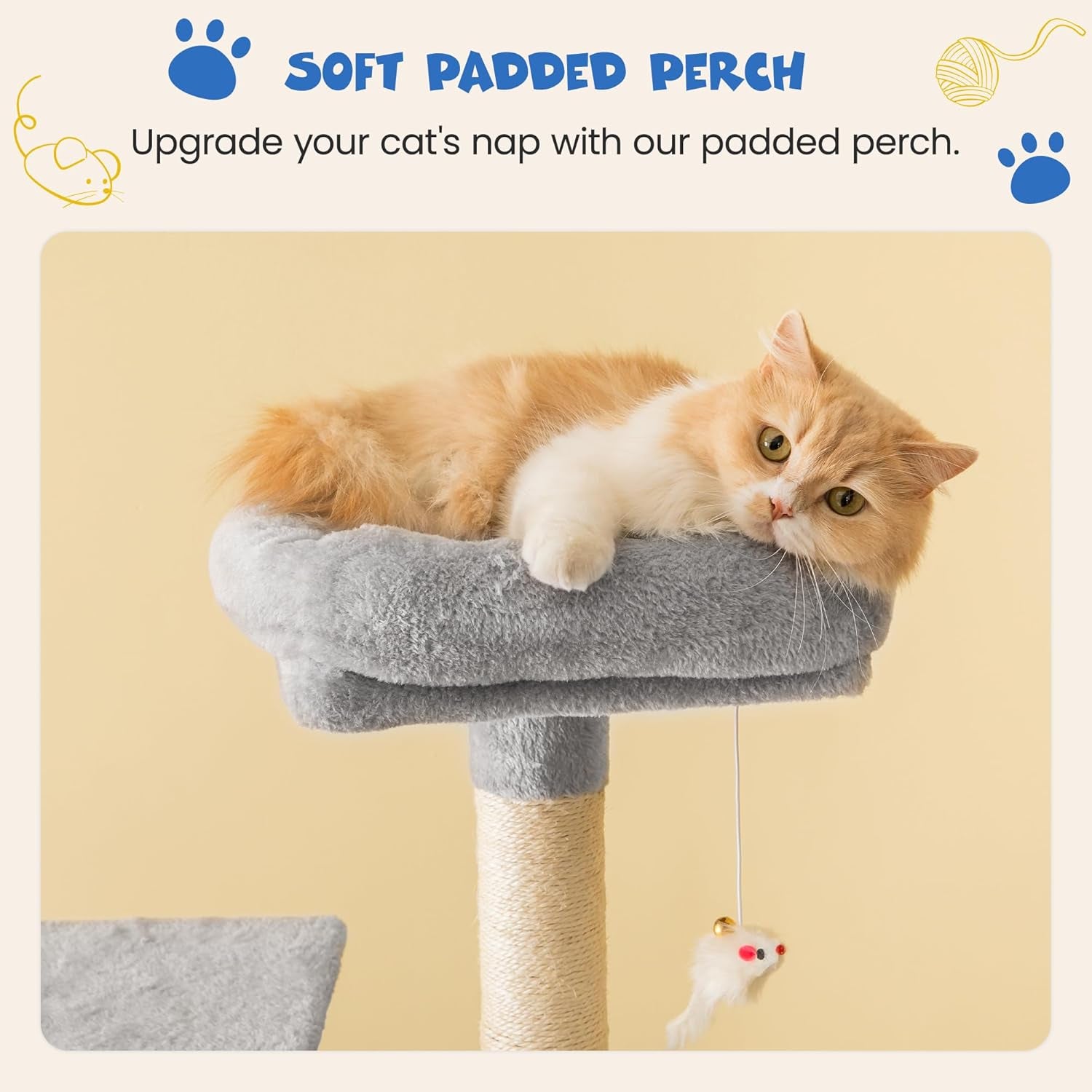 63.8 Inches Multi-Level Cat Tree for Large Cats with Sisal-Covered Scratching Posts, Padded Platform, Hammock and Condo,Stable Cat Tower Cat Condo Pet Play House-Light Gray