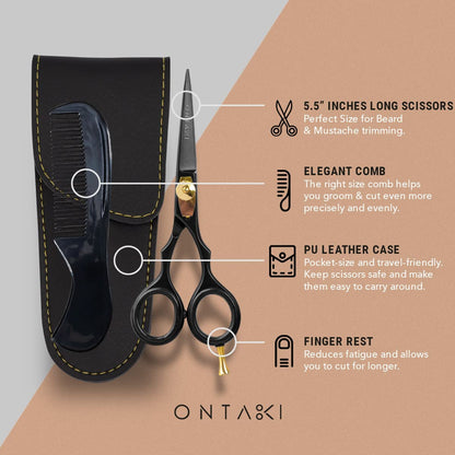 Premium Hand Forged Japanese Steel Hair Beard Mustache Scissors Cut Trim Groom Facial Hair Bangs (Black - 5.5")