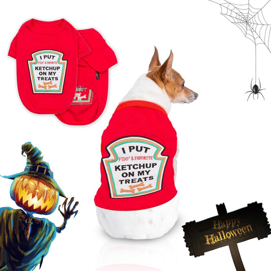 Dog Shirt - Embroidered “I Put Ketchup on My Treats“ - 100% Cotton and Polyester Dog Clothes - Sleeved, Lightweight Costume for Dogs - Red Shirts for Small Dogs - Pet Costumes - S